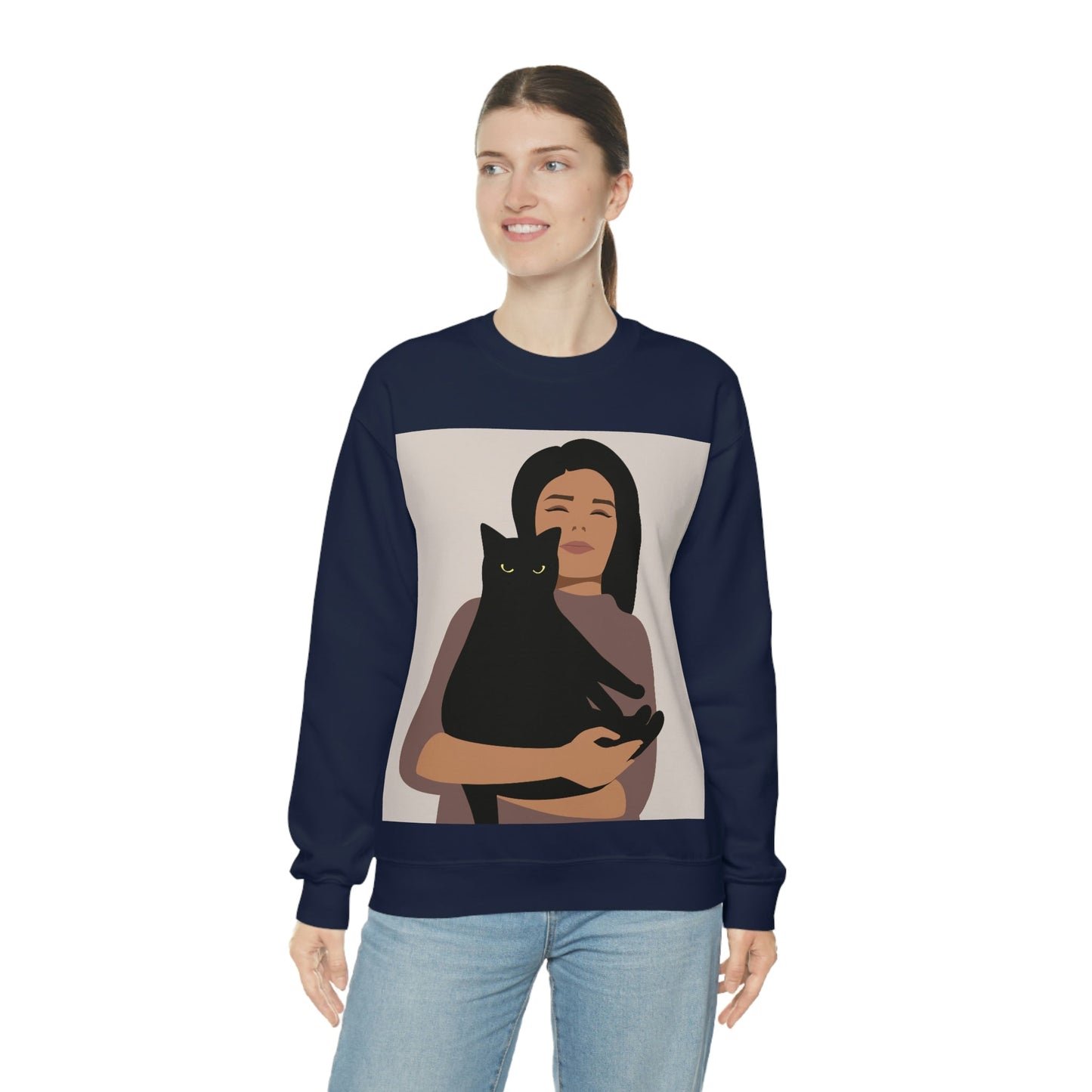 Woman with Black Cat Mininal Aesthetic Art Unisex Heavy Blend™ Crewneck Sweatshirt Ichaku [Perfect Gifts Selection]