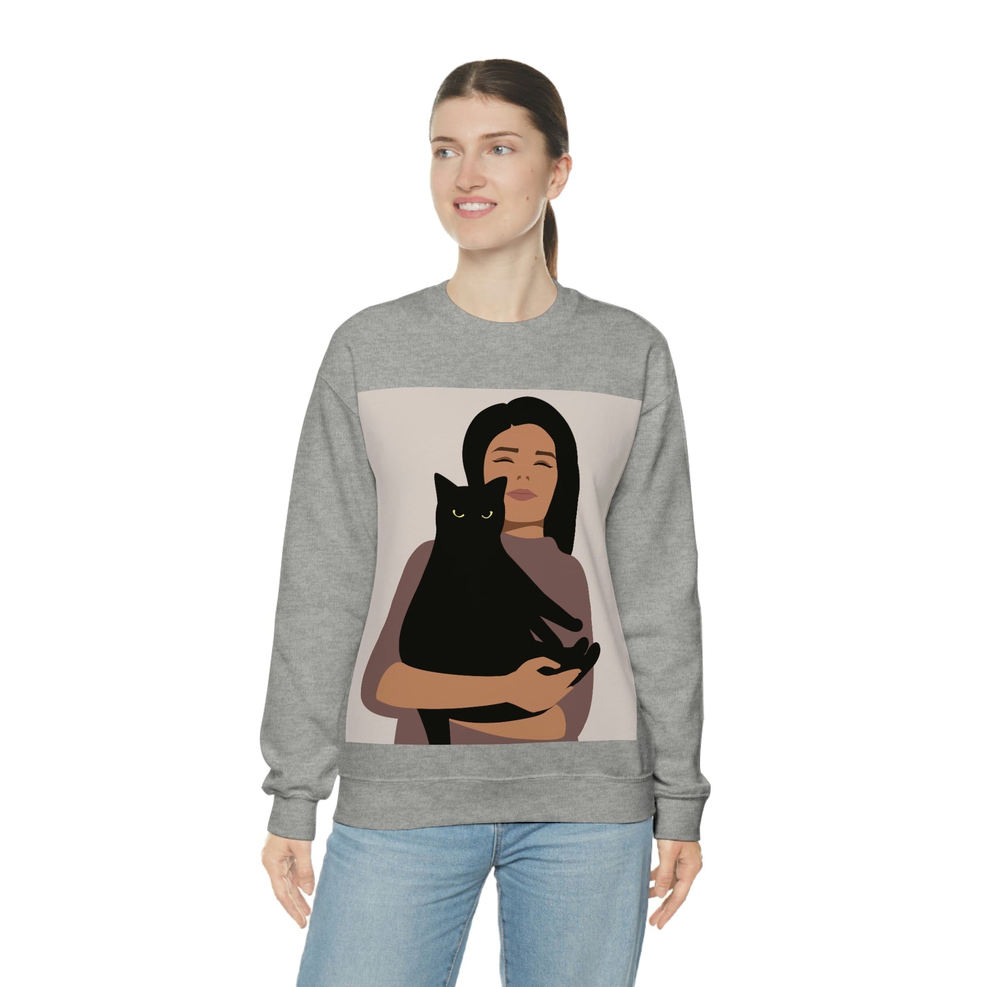 Woman with Black Cat Mininal Aesthetic Art Unisex Heavy Blend™ Crewneck Sweatshirt Ichaku [Perfect Gifts Selection]