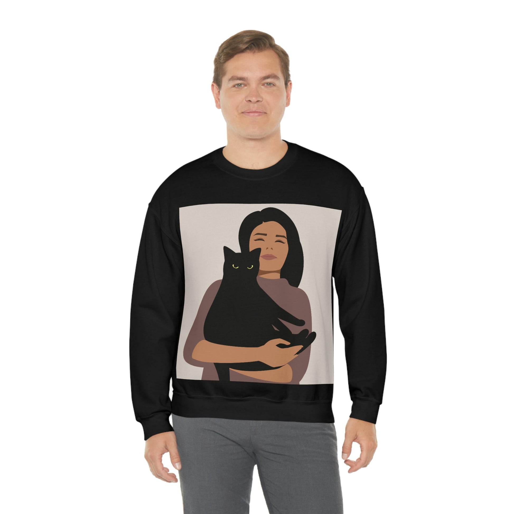 Woman with Black Cat Mininal Aesthetic Art Unisex Heavy Blend™ Crewneck Sweatshirt Ichaku [Perfect Gifts Selection]