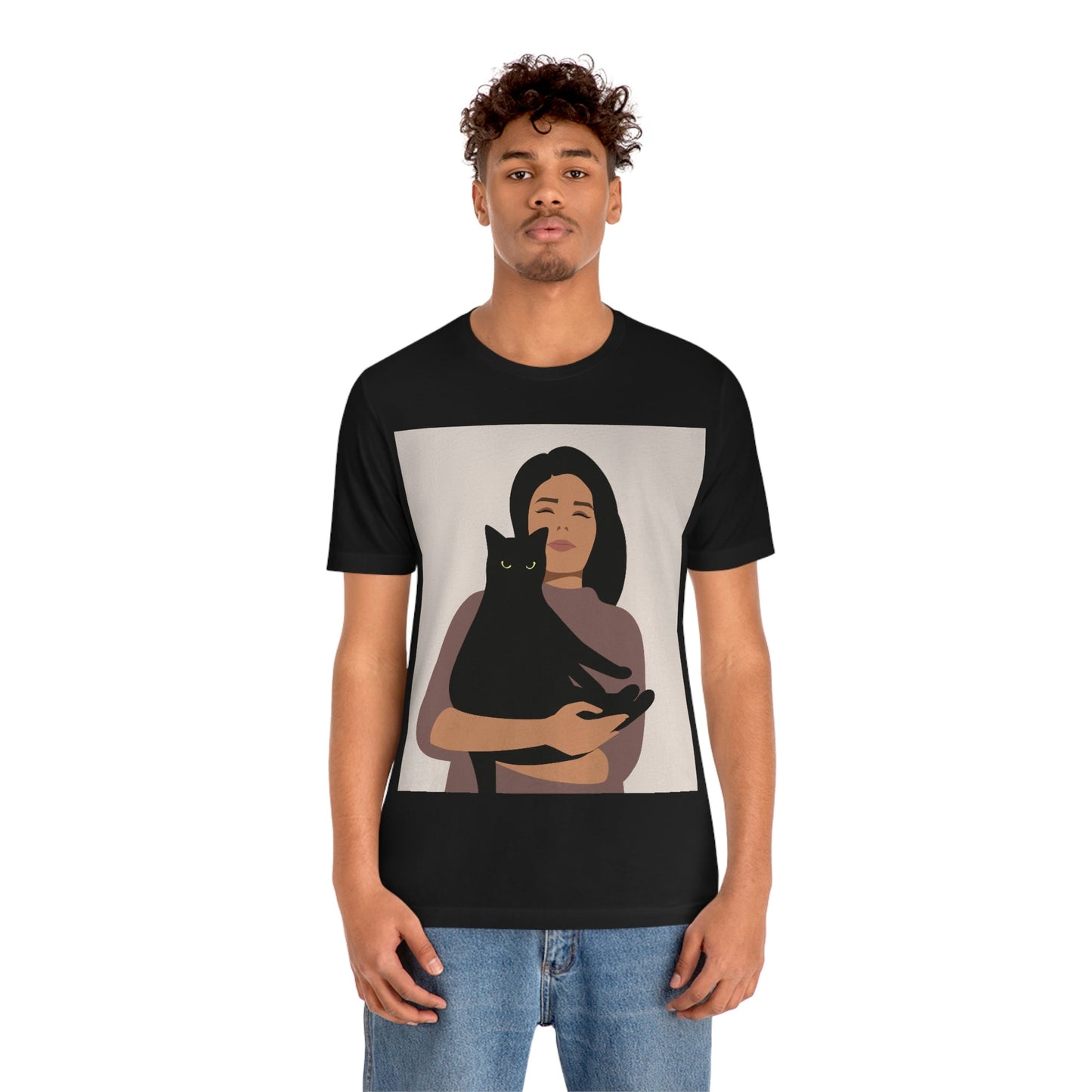 Woman with Black Cat Mininal Aesthetic Art  Unisex Jersey Short Sleeve T-Shirt Ichaku [Perfect Gifts Selection]