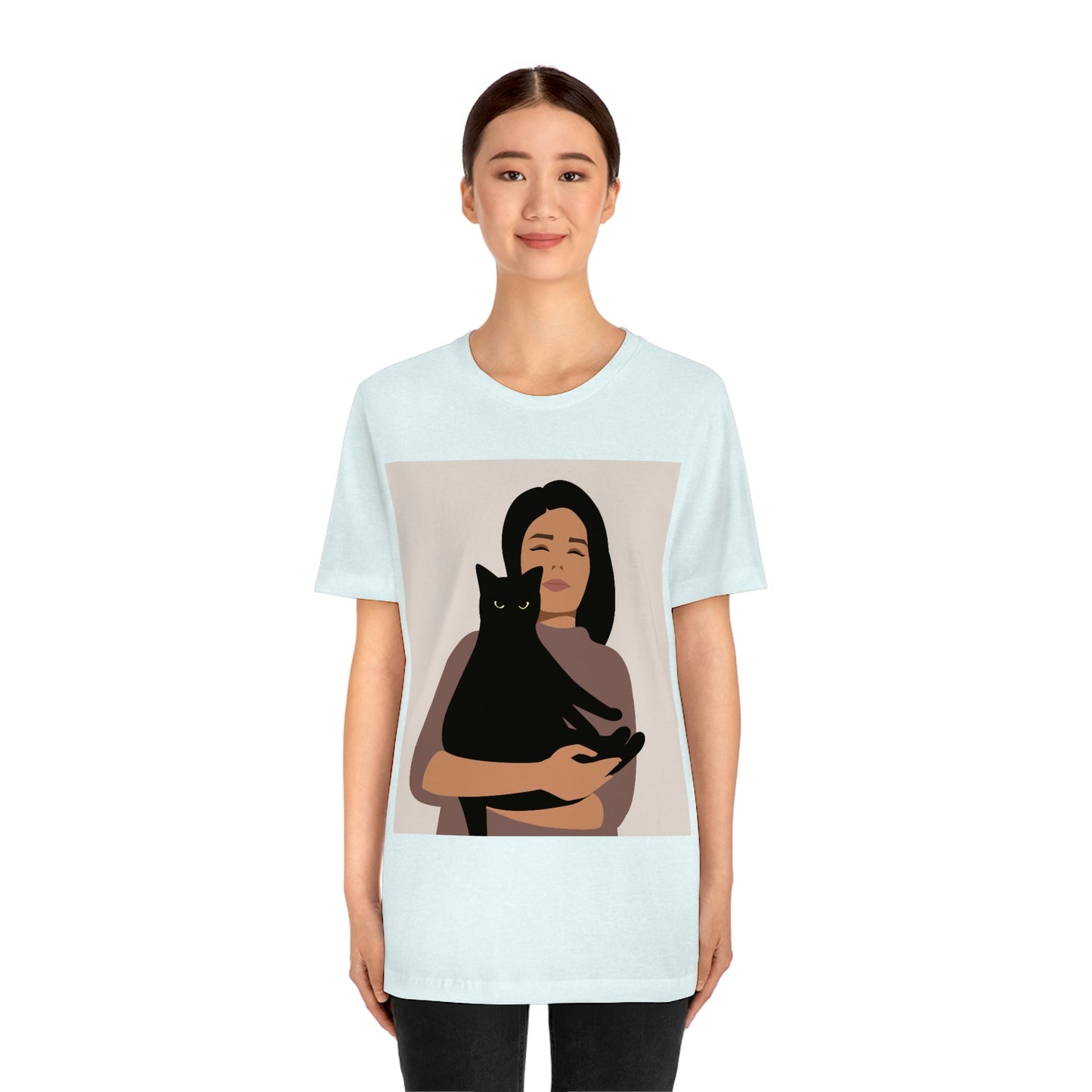 Woman with Black Cat Mininal Aesthetic Art  Unisex Jersey Short Sleeve T-Shirt Ichaku [Perfect Gifts Selection]