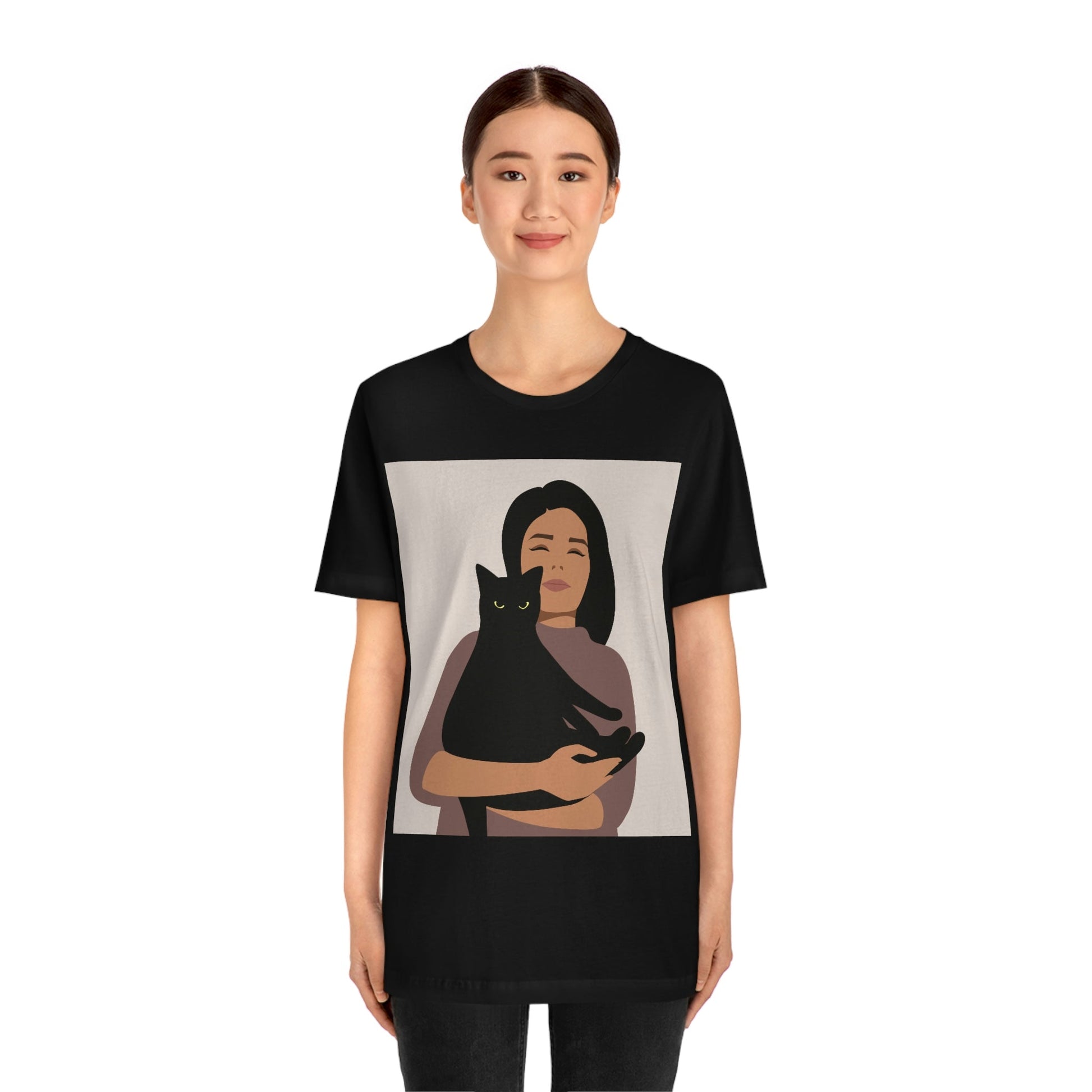 Woman with Black Cat Mininal Aesthetic Art  Unisex Jersey Short Sleeve T-Shirt Ichaku [Perfect Gifts Selection]