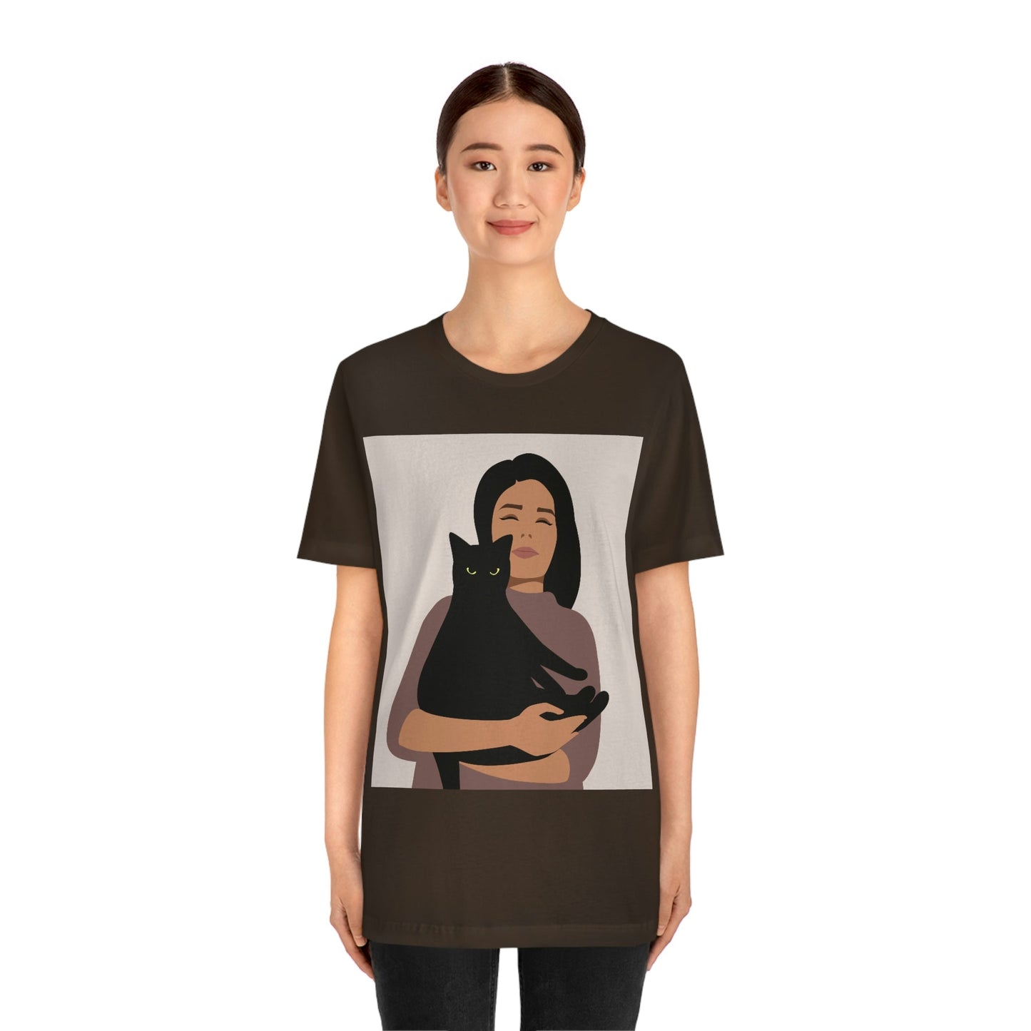 Woman with Black Cat Mininal Aesthetic Art  Unisex Jersey Short Sleeve T-Shirt Ichaku [Perfect Gifts Selection]