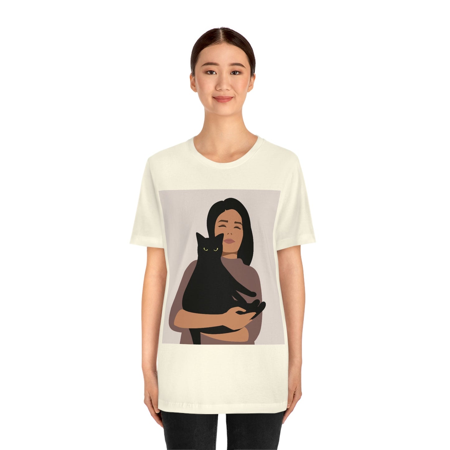 Woman with Black Cat Mininal Aesthetic Art  Unisex Jersey Short Sleeve T-Shirt Ichaku [Perfect Gifts Selection]