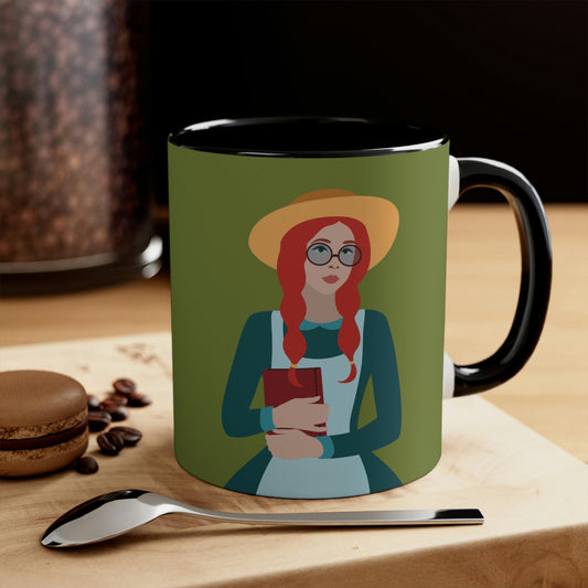 Woman with Book Artisan with Hat and Red Hair Aesthetic Classic Art Fairy Tale Classic Accent Coffee Mug 11oz Ichaku [Perfect Gifts Selection]