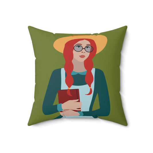 Woman with Book Artisan with Hat and Red Hair Aesthetic Classic Art Fairy Tale  Spun Polyester Square Pillow Ichaku [Perfect Gifts Selection]