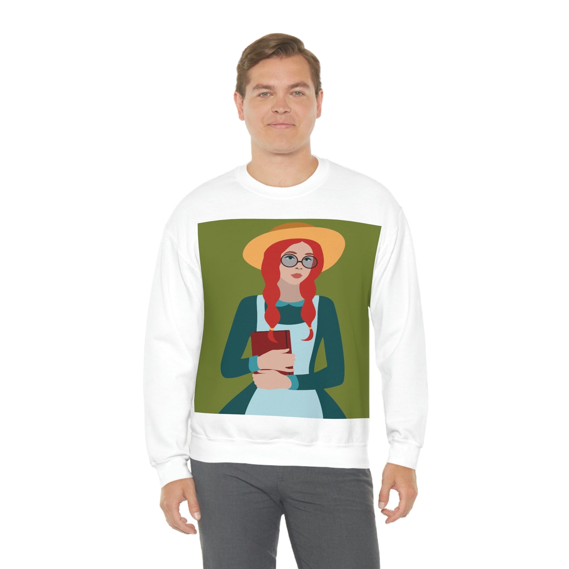 Woman with Book Artisan with Hat and Red Hair Aesthetic Classic Art Fairy Tale Unisex Heavy Blend™ Crewneck Sweatshirt Ichaku [Perfect Gifts Selection]