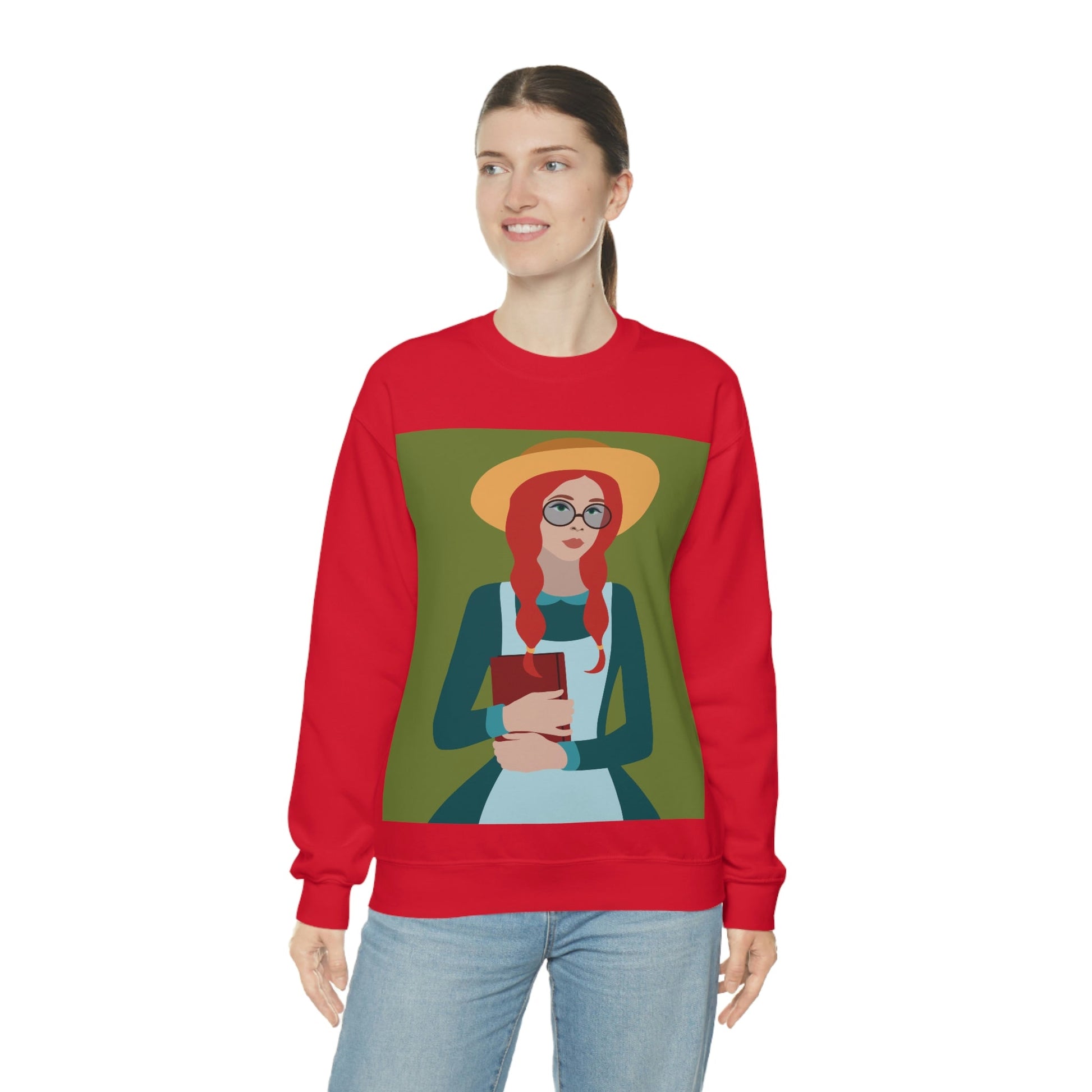 Woman with Book Artisan with Hat and Red Hair Aesthetic Classic Art Fairy Tale Unisex Heavy Blend™ Crewneck Sweatshirt Ichaku [Perfect Gifts Selection]