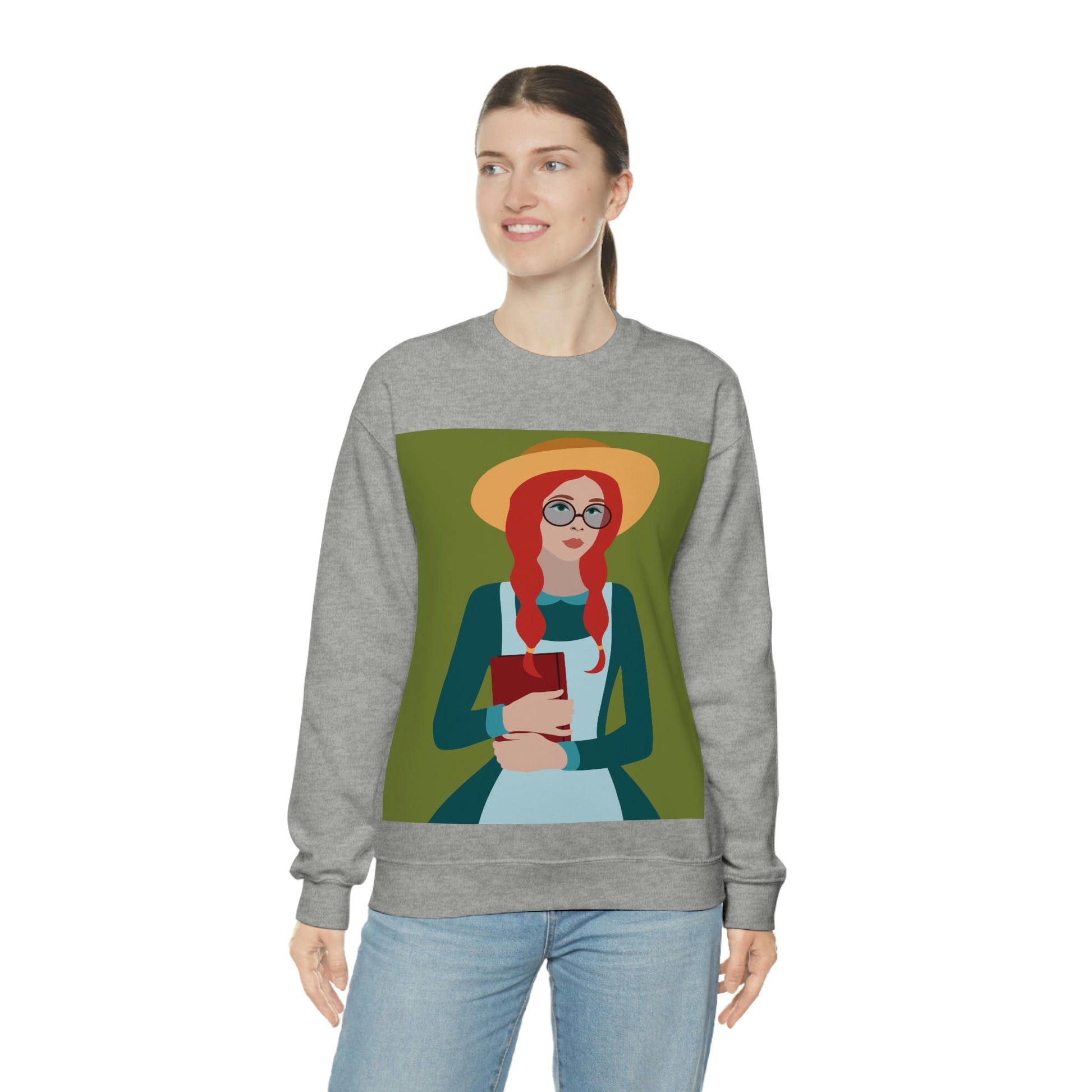 Woman with Book Artisan with Hat and Red Hair Aesthetic Classic Art Fairy Tale Unisex Heavy Blend™ Crewneck Sweatshirt Ichaku [Perfect Gifts Selection]