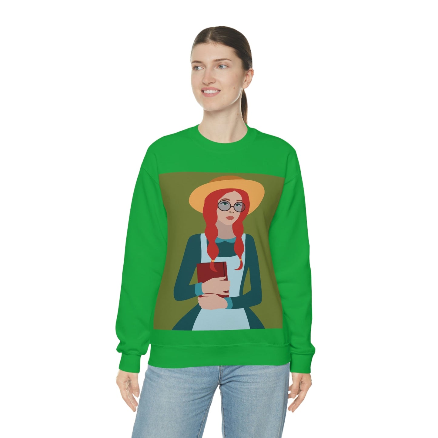 Woman with Book Artisan with Hat and Red Hair Aesthetic Classic Art Fairy Tale Unisex Heavy Blend™ Crewneck Sweatshirt Ichaku [Perfect Gifts Selection]