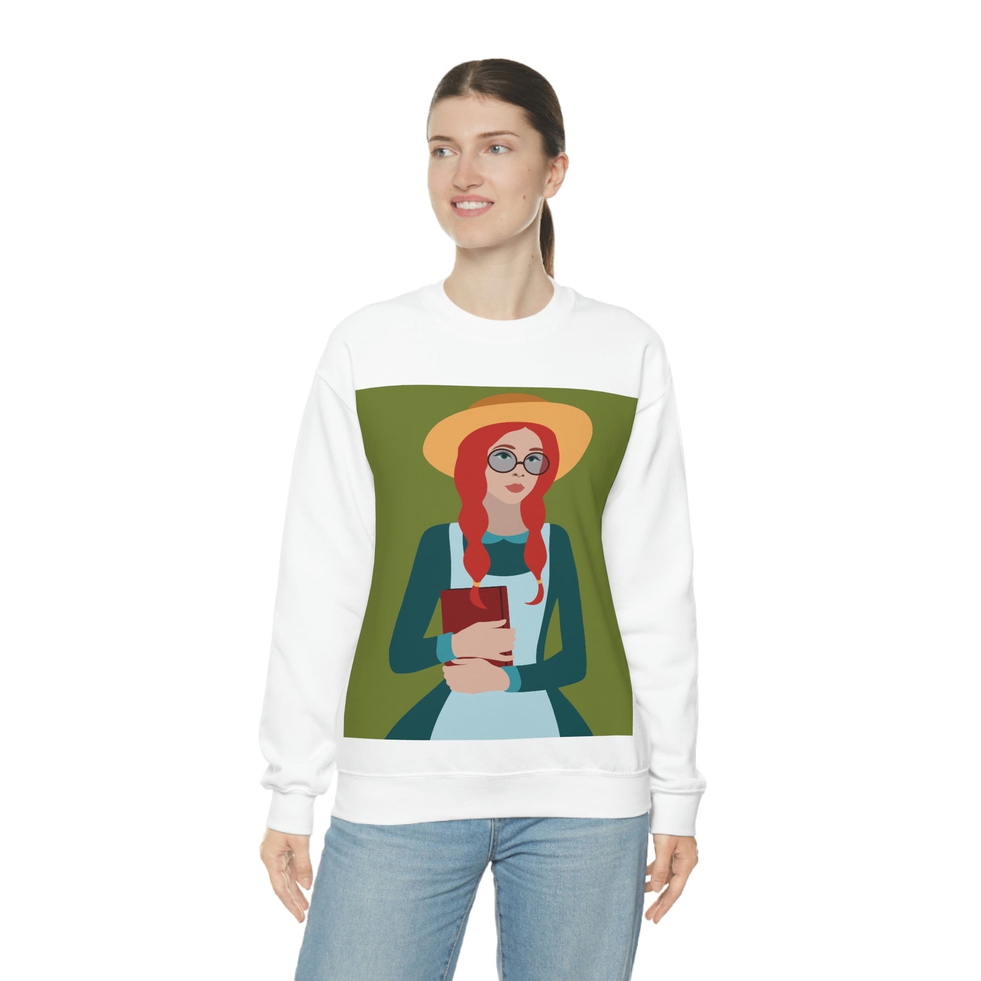 Woman with Book Artisan with Hat and Red Hair Aesthetic Classic Art Fairy Tale Unisex Heavy Blend™ Crewneck Sweatshirt Ichaku [Perfect Gifts Selection]