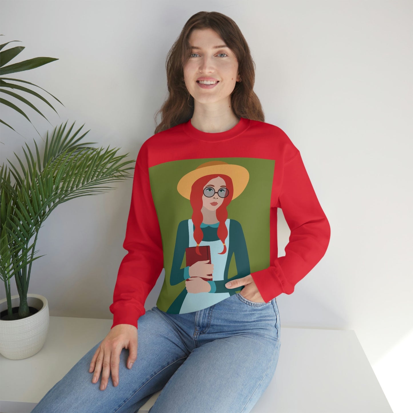 Woman with Book Artisan with Hat and Red Hair Aesthetic Classic Art Fairy Tale Unisex Heavy Blend™ Crewneck Sweatshirt Ichaku [Perfect Gifts Selection]