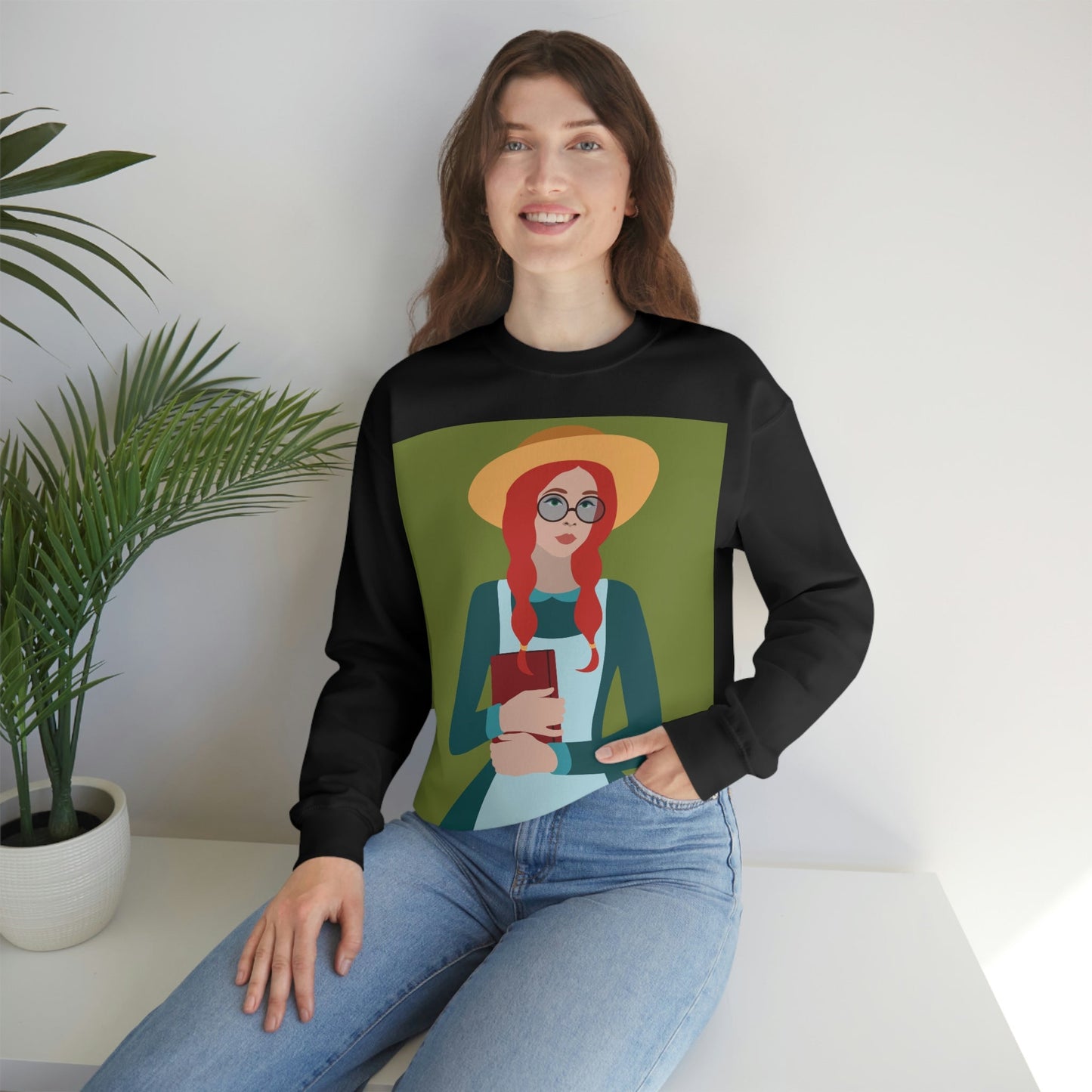 Woman with Book Artisan with Hat and Red Hair Aesthetic Classic Art Fairy Tale Unisex Heavy Blend™ Crewneck Sweatshirt Ichaku [Perfect Gifts Selection]