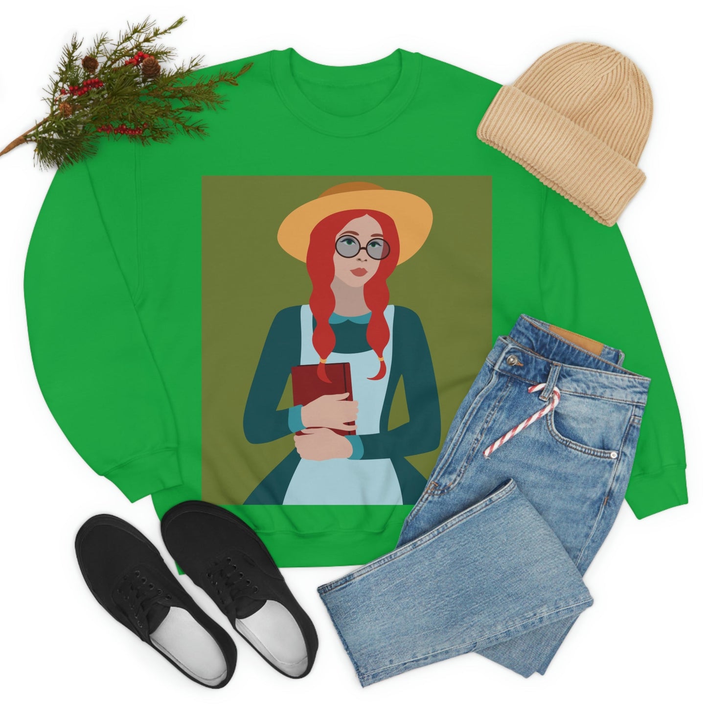 Woman with Book Artisan with Hat and Red Hair Aesthetic Classic Art Fairy Tale Unisex Heavy Blend™ Crewneck Sweatshirt Ichaku [Perfect Gifts Selection]