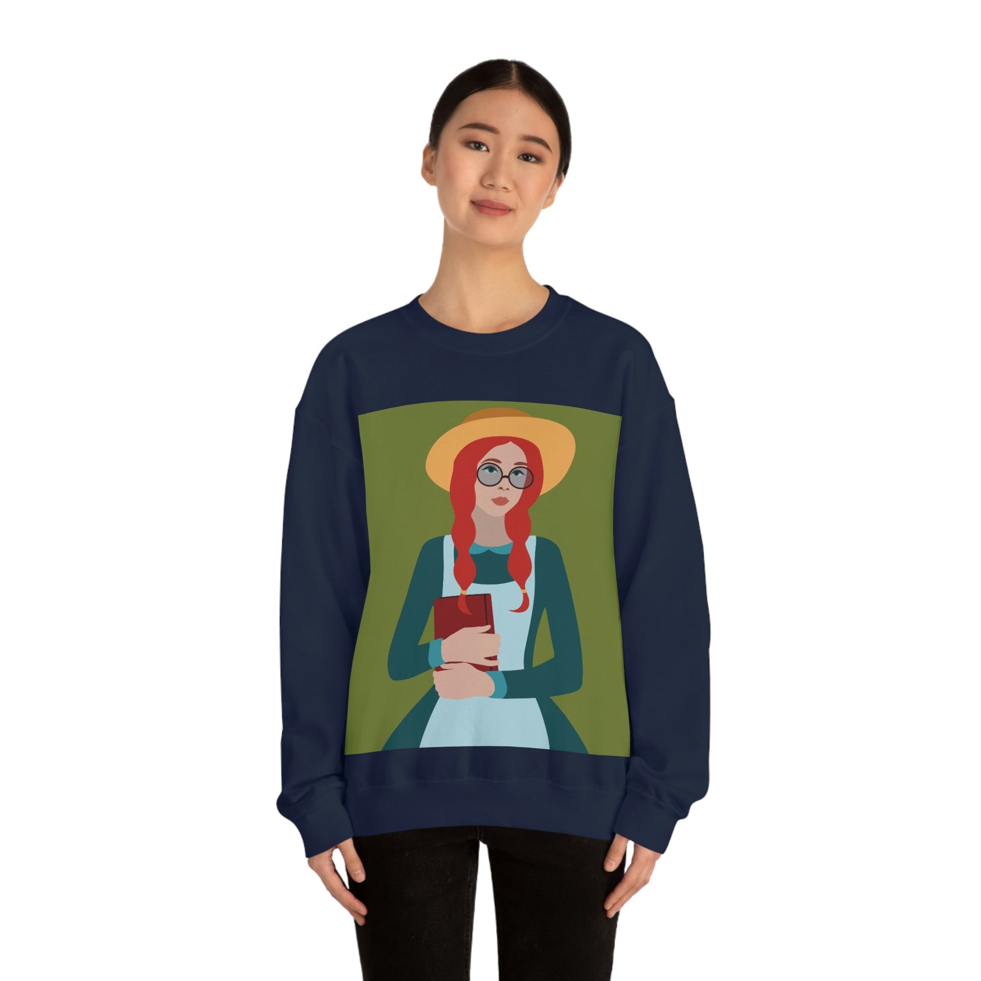 Woman with Book Artisan with Hat and Red Hair Aesthetic Classic Art Fairy Tale Unisex Heavy Blend™ Crewneck Sweatshirt Ichaku [Perfect Gifts Selection]