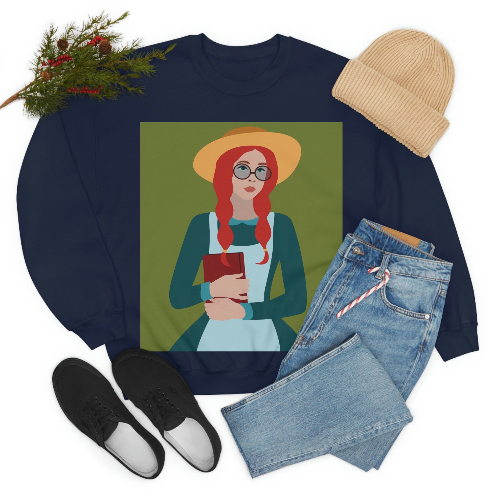 Woman with Book Artisan with Hat and Red Hair Aesthetic Classic Art Fairy Tale Unisex Heavy Blend™ Crewneck Sweatshirt Ichaku [Perfect Gifts Selection]