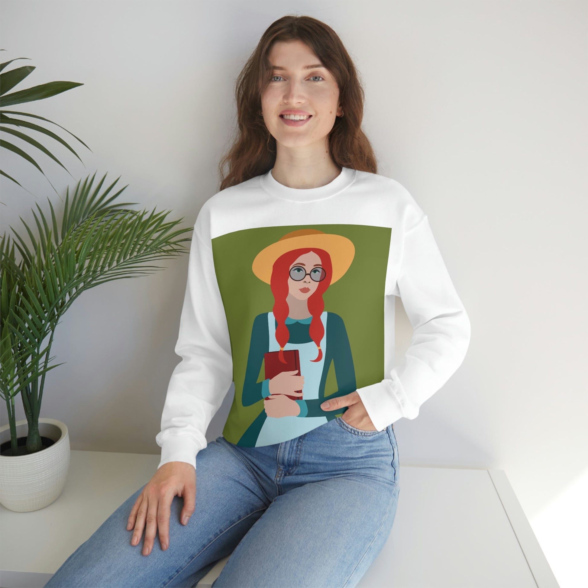 Woman with Book Artisan with Hat and Red Hair Aesthetic Classic Art Fairy Tale Unisex Heavy Blend™ Crewneck Sweatshirt Ichaku [Perfect Gifts Selection]