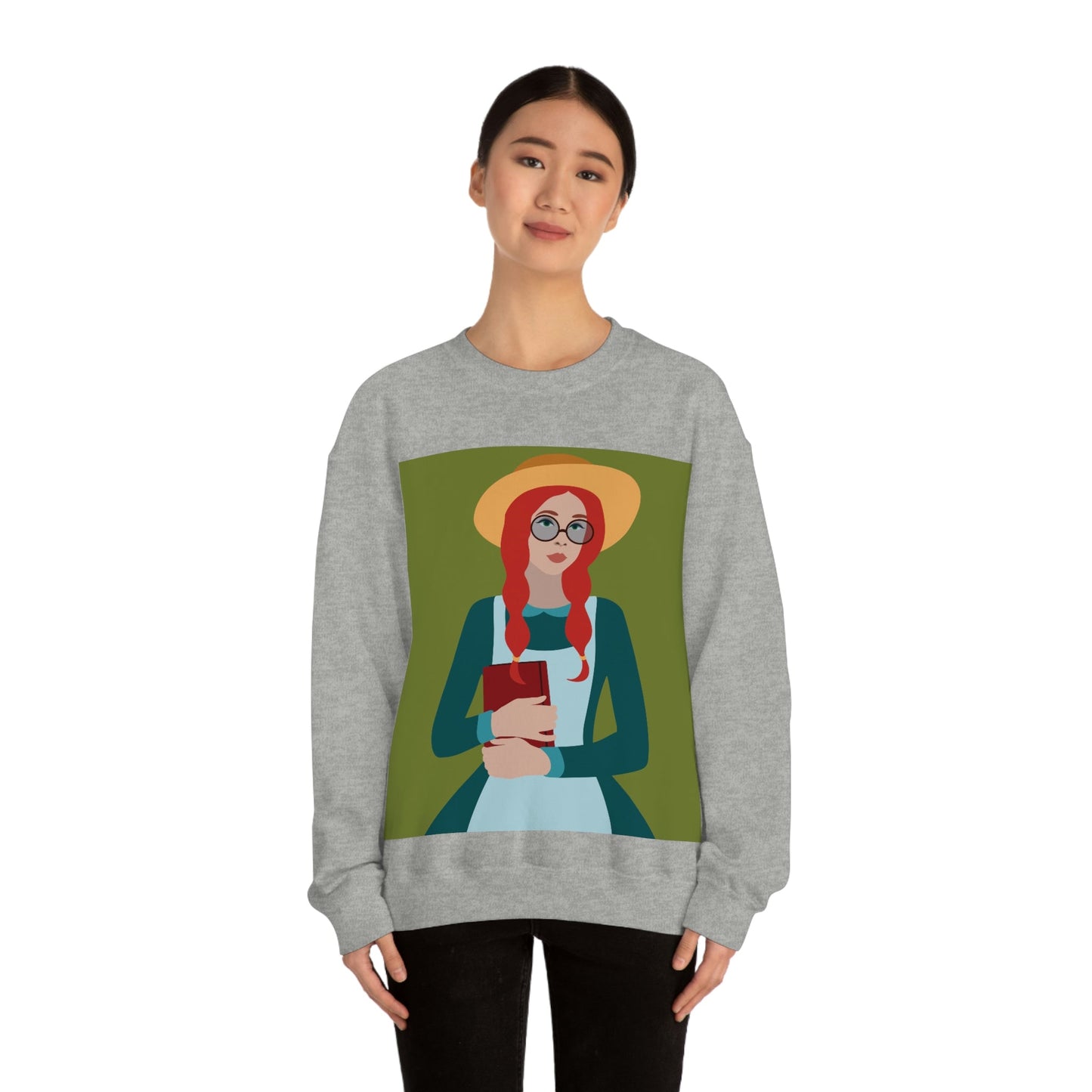 Woman with Book Artisan with Hat and Red Hair Aesthetic Classic Art Fairy Tale Unisex Heavy Blend™ Crewneck Sweatshirt Ichaku [Perfect Gifts Selection]