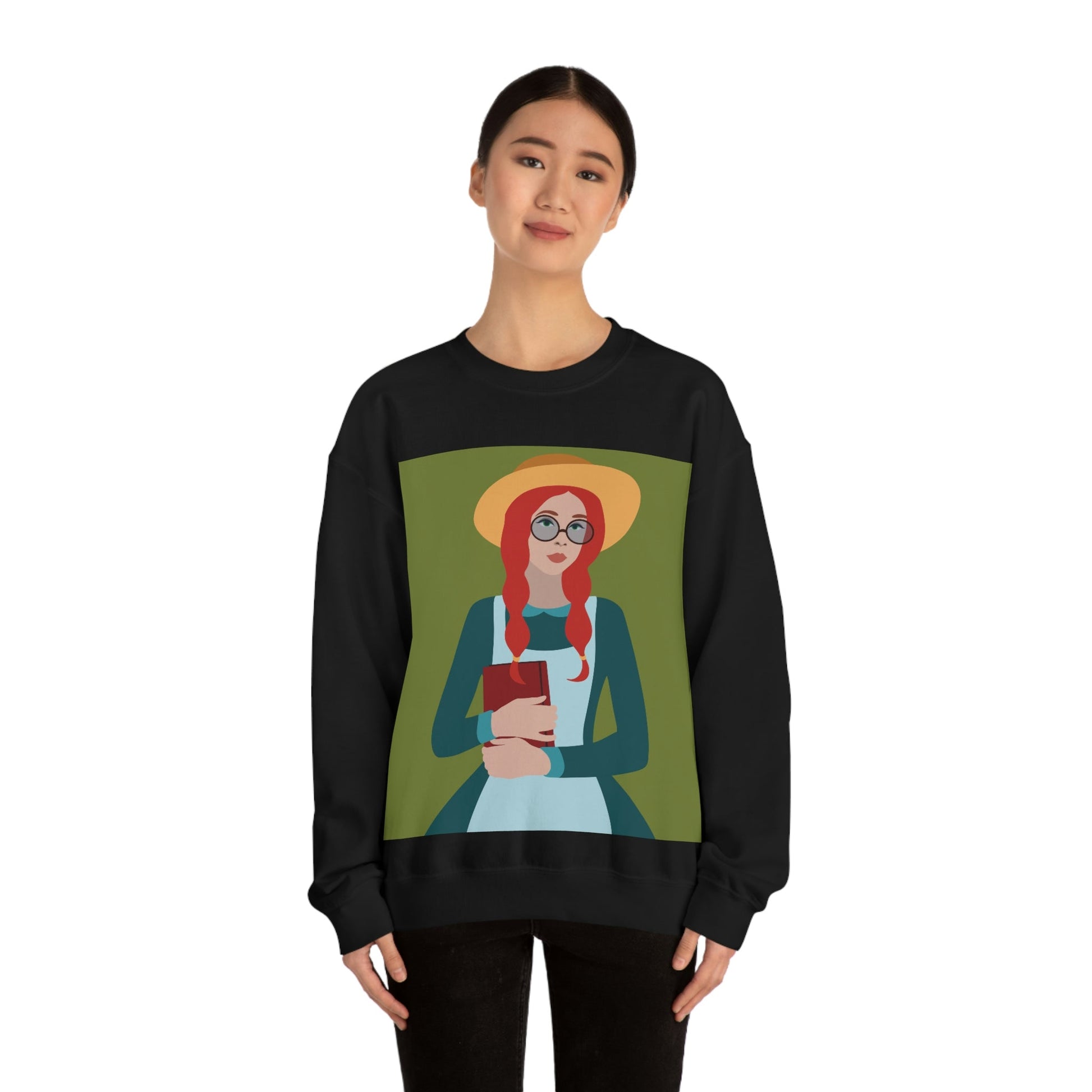 Woman with Book Artisan with Hat and Red Hair Aesthetic Classic Art Fairy Tale Unisex Heavy Blend™ Crewneck Sweatshirt Ichaku [Perfect Gifts Selection]