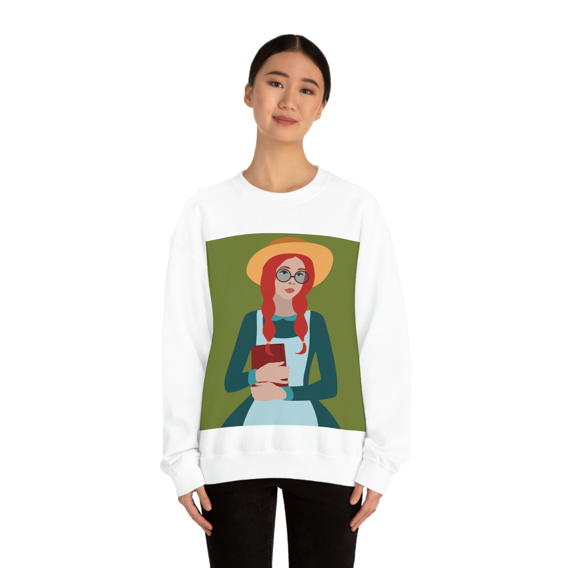 Woman with Book Artisan with Hat and Red Hair Aesthetic Classic Art Fairy Tale Unisex Heavy Blend™ Crewneck Sweatshirt Ichaku [Perfect Gifts Selection]