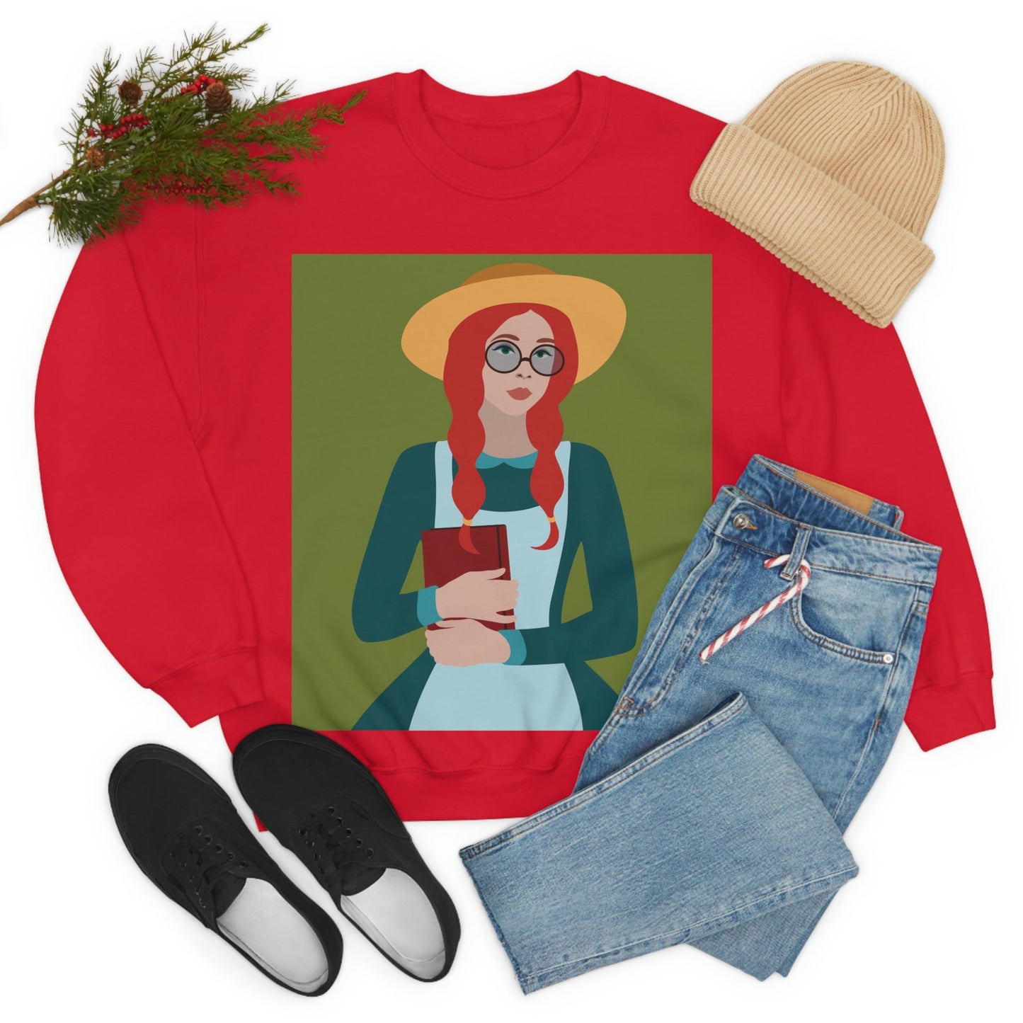 Woman with Book Artisan with Hat and Red Hair Aesthetic Classic Art Fairy Tale Unisex Heavy Blend™ Crewneck Sweatshirt Ichaku [Perfect Gifts Selection]