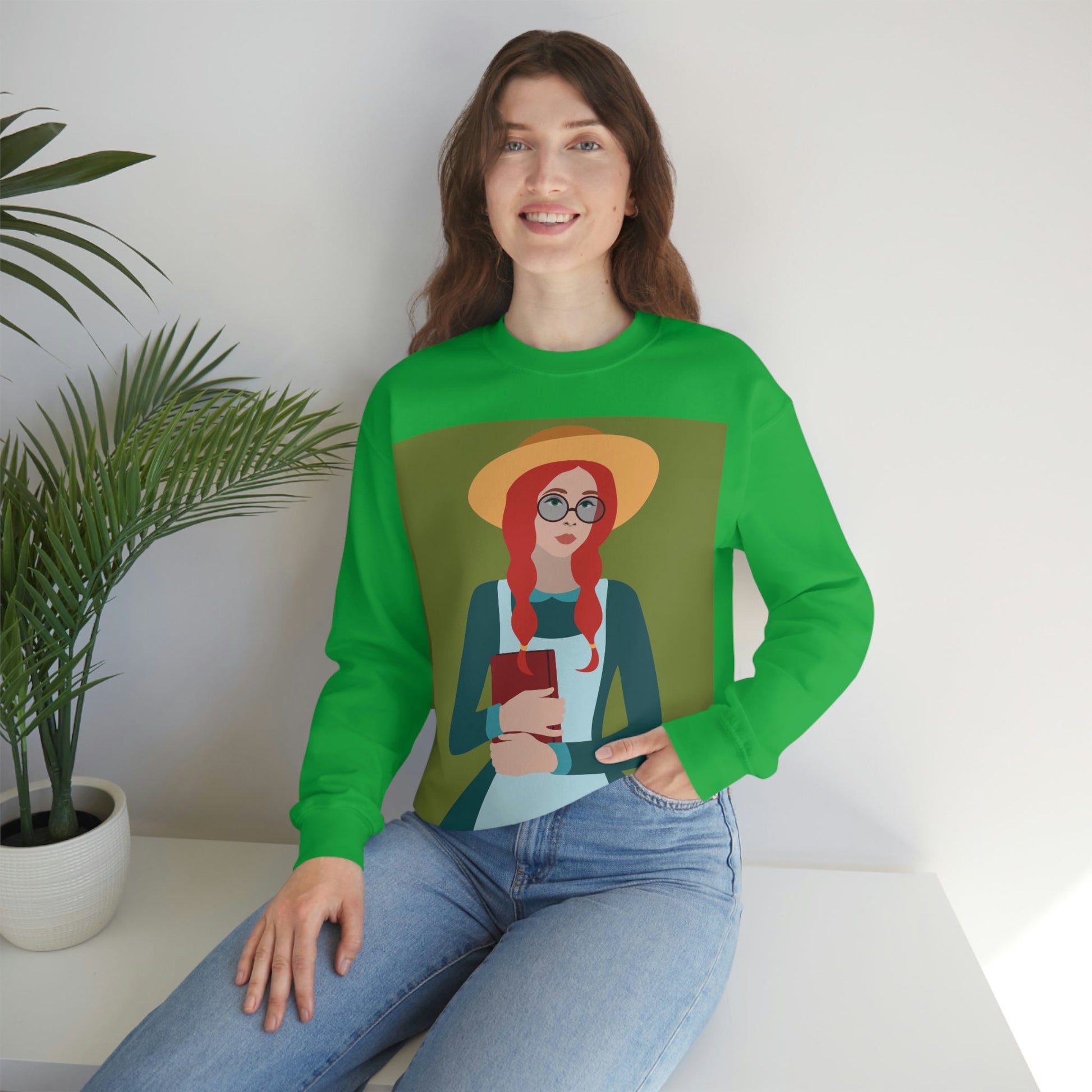 Woman with Book Artisan with Hat and Red Hair Aesthetic Classic Art Fairy Tale Unisex Heavy Blend™ Crewneck Sweatshirt Ichaku [Perfect Gifts Selection]