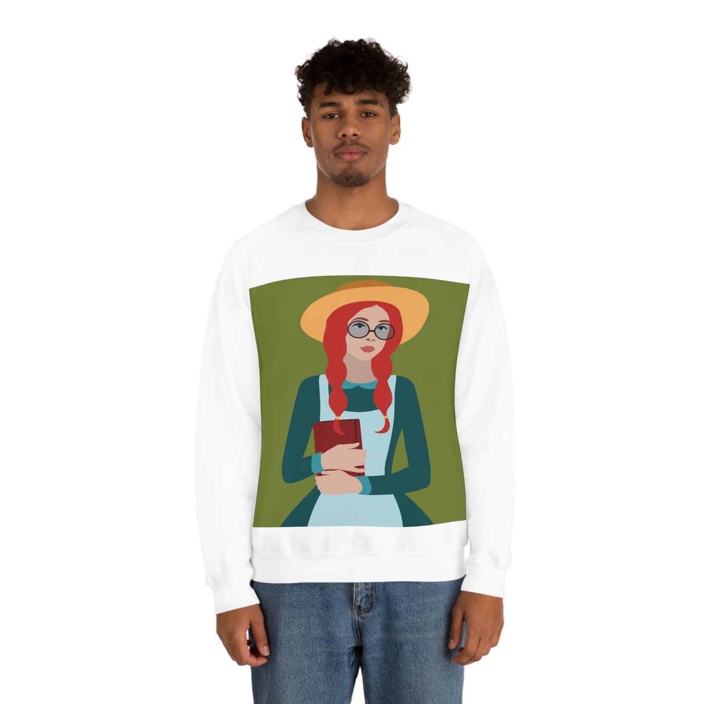 Woman with Book Artisan with Hat and Red Hair Aesthetic Classic Art Fairy Tale Unisex Heavy Blend™ Crewneck Sweatshirt Ichaku [Perfect Gifts Selection]