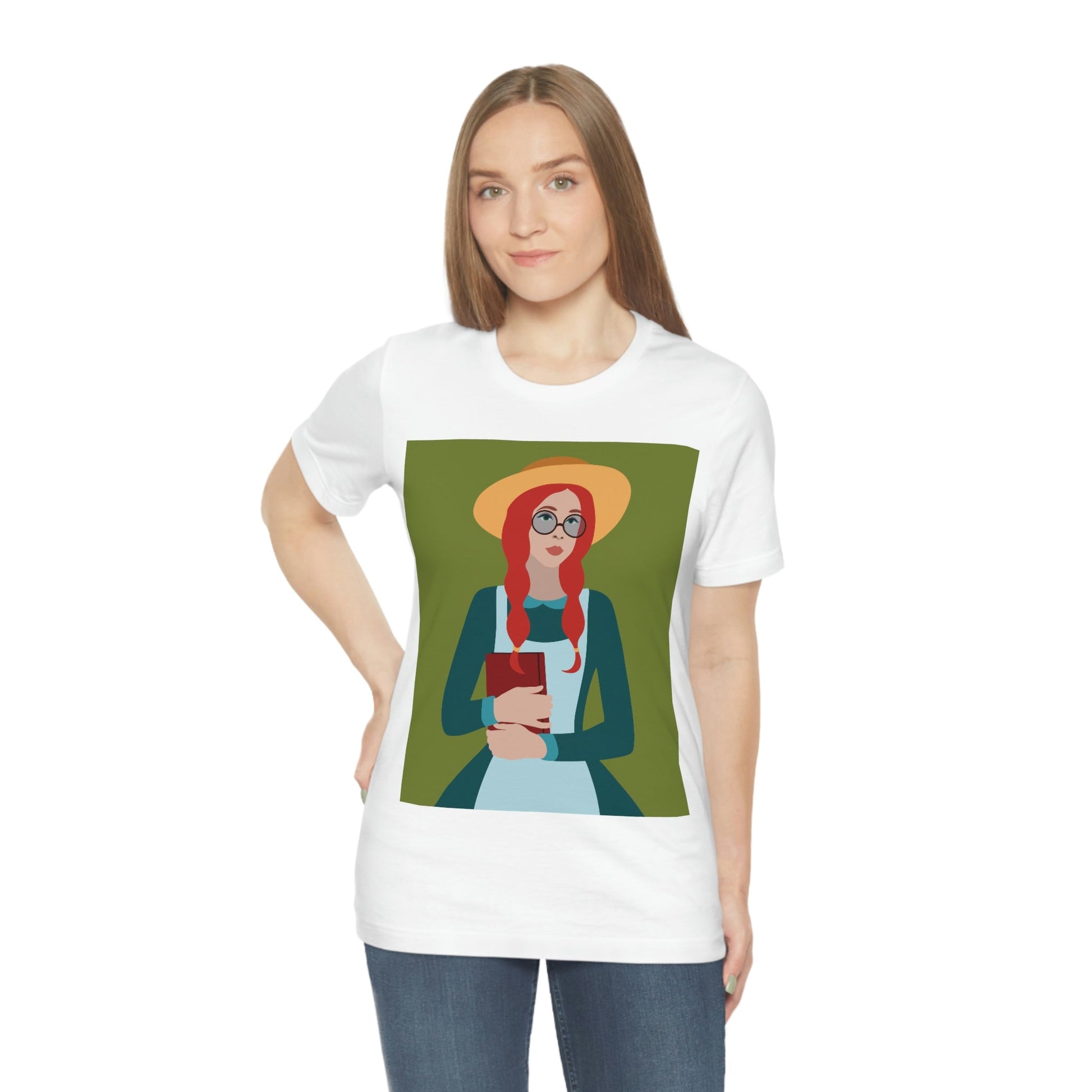 Woman with Book Artisan with Hat and Red Hair Aesthetic Classic Art Fairy Tale  Unisex Jersey Short Sleeve T-Shirt Ichaku [Perfect Gifts Selection]