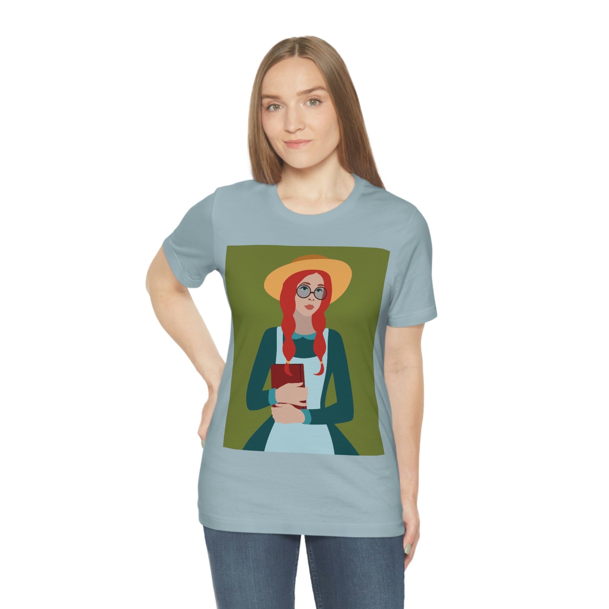 Woman with Book Artisan with Hat and Red Hair Aesthetic Classic Art Fairy Tale  Unisex Jersey Short Sleeve T-Shirt Ichaku [Perfect Gifts Selection]