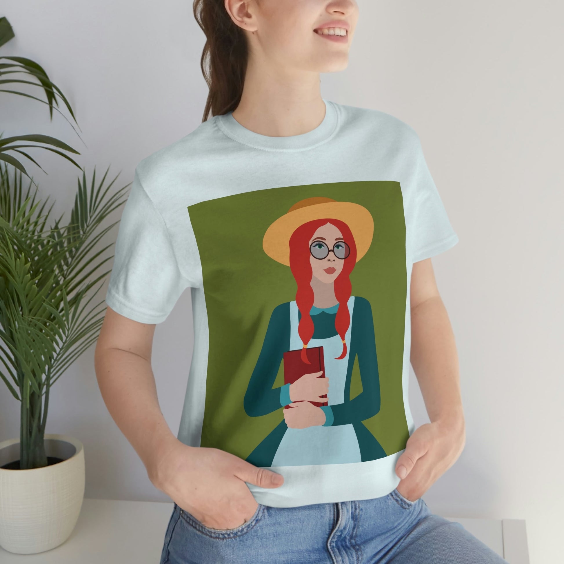 Woman with Book Artisan with Hat and Red Hair Aesthetic Classic Art Fairy Tale  Unisex Jersey Short Sleeve T-Shirt Ichaku [Perfect Gifts Selection]