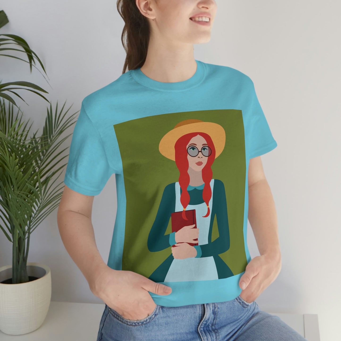 Woman with Book Artisan with Hat and Red Hair Aesthetic Classic Art Fairy Tale  Unisex Jersey Short Sleeve T-Shirt Ichaku [Perfect Gifts Selection]