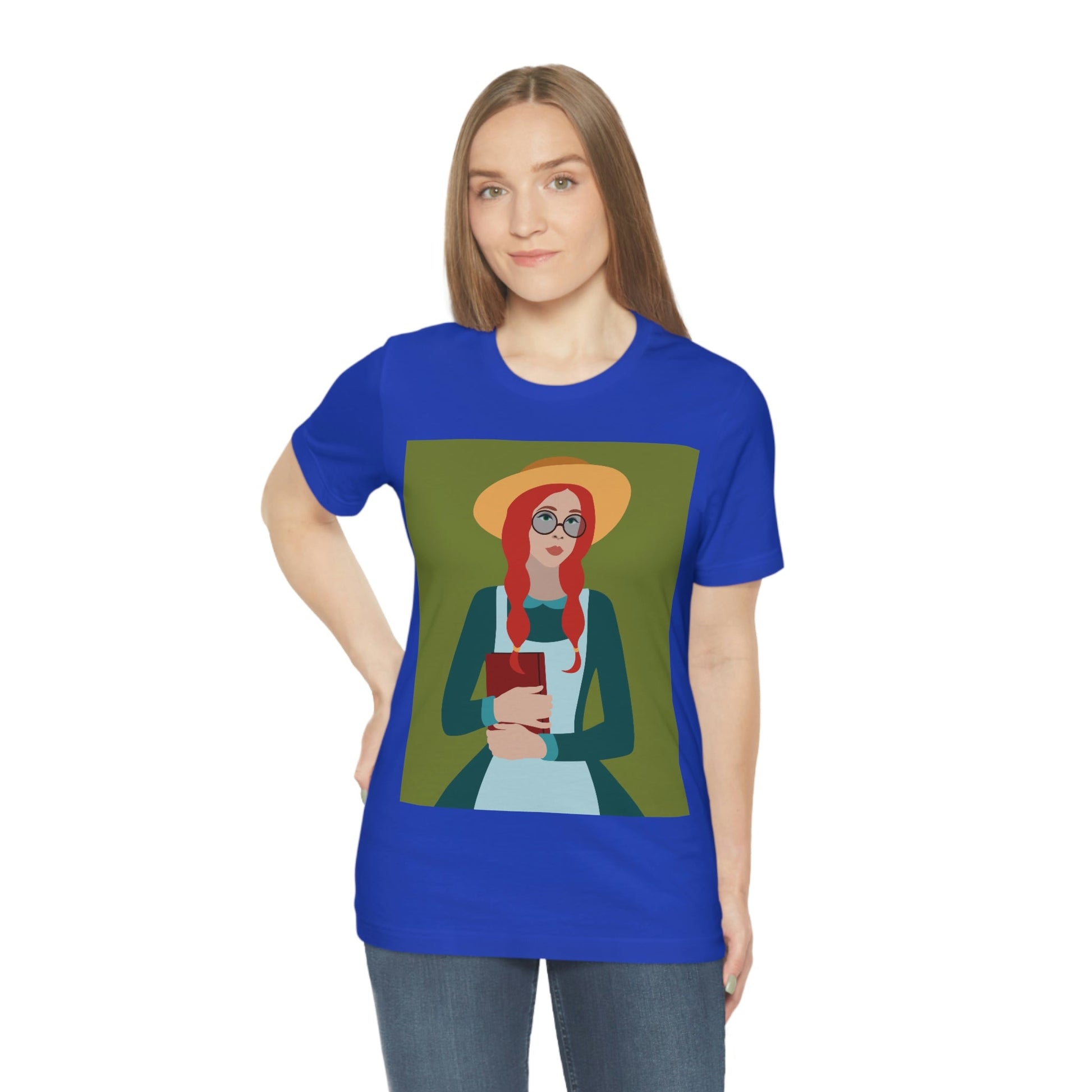 Woman with Book Artisan with Hat and Red Hair Aesthetic Classic Art Fairy Tale  Unisex Jersey Short Sleeve T-Shirt Ichaku [Perfect Gifts Selection]