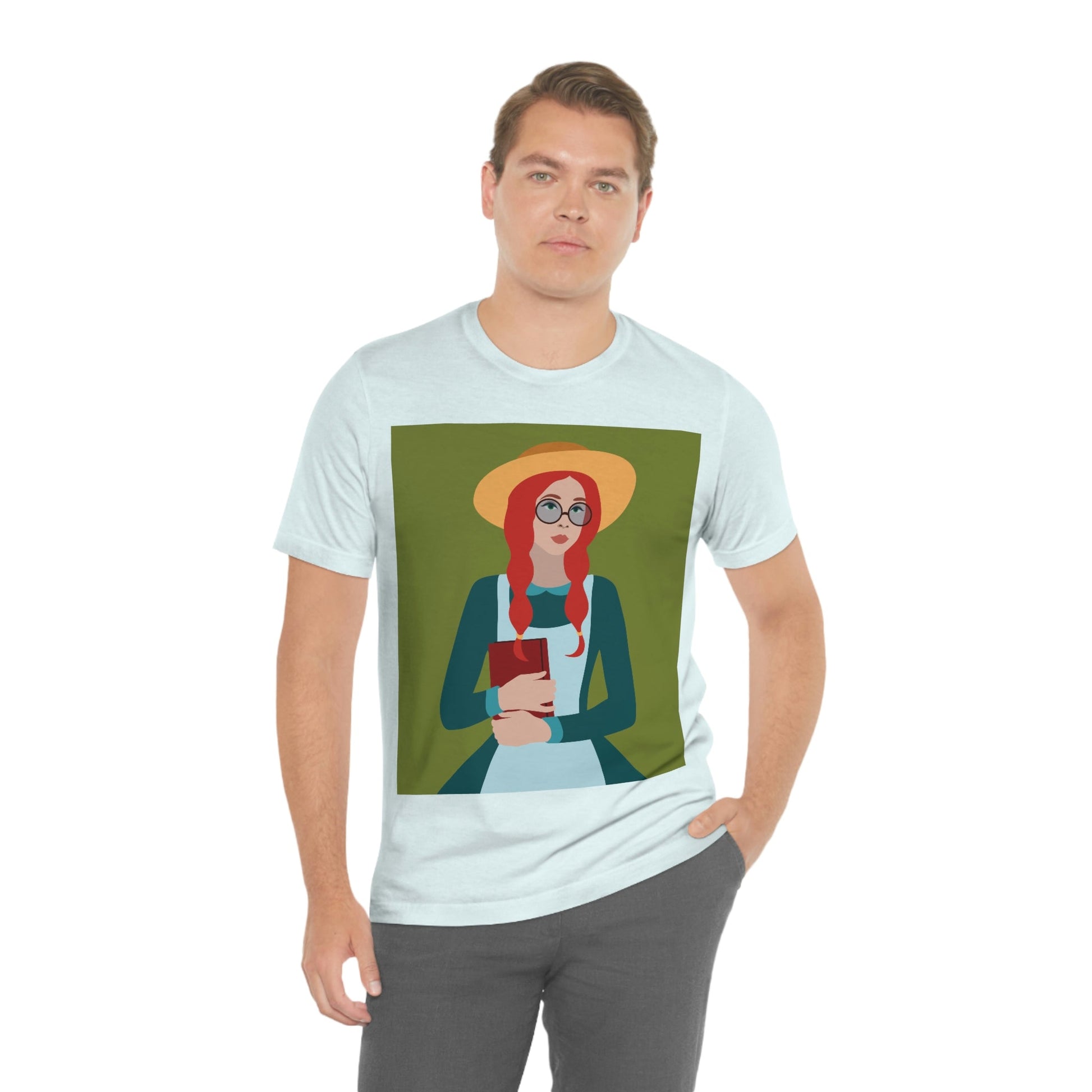 Woman with Book Artisan with Hat and Red Hair Aesthetic Classic Art Fairy Tale  Unisex Jersey Short Sleeve T-Shirt Ichaku [Perfect Gifts Selection]