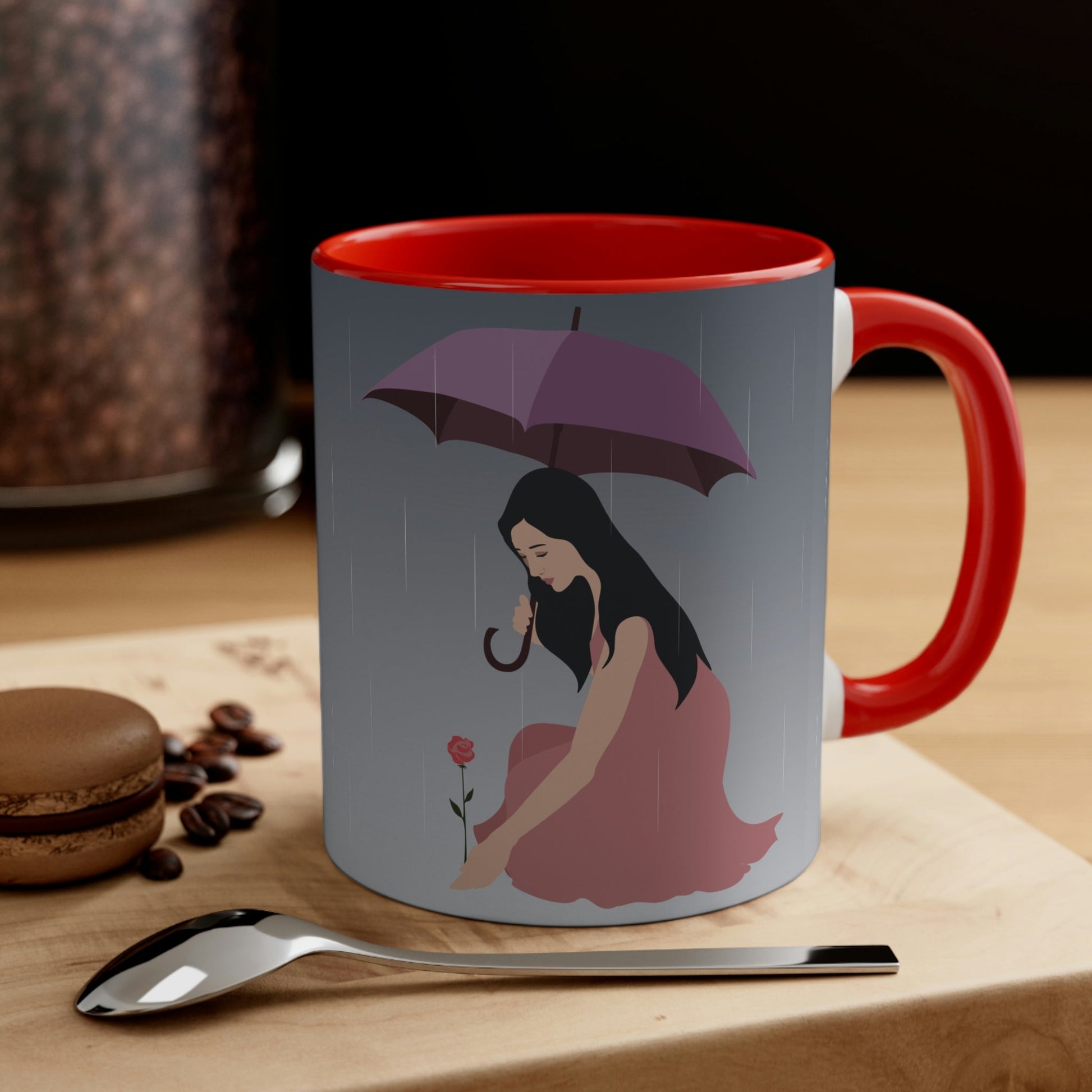 Woman with Umbrella Cartoon Art Walking in the Rain Classic Accent Coffee Mug 11oz Ichaku [Perfect Gifts Selection]