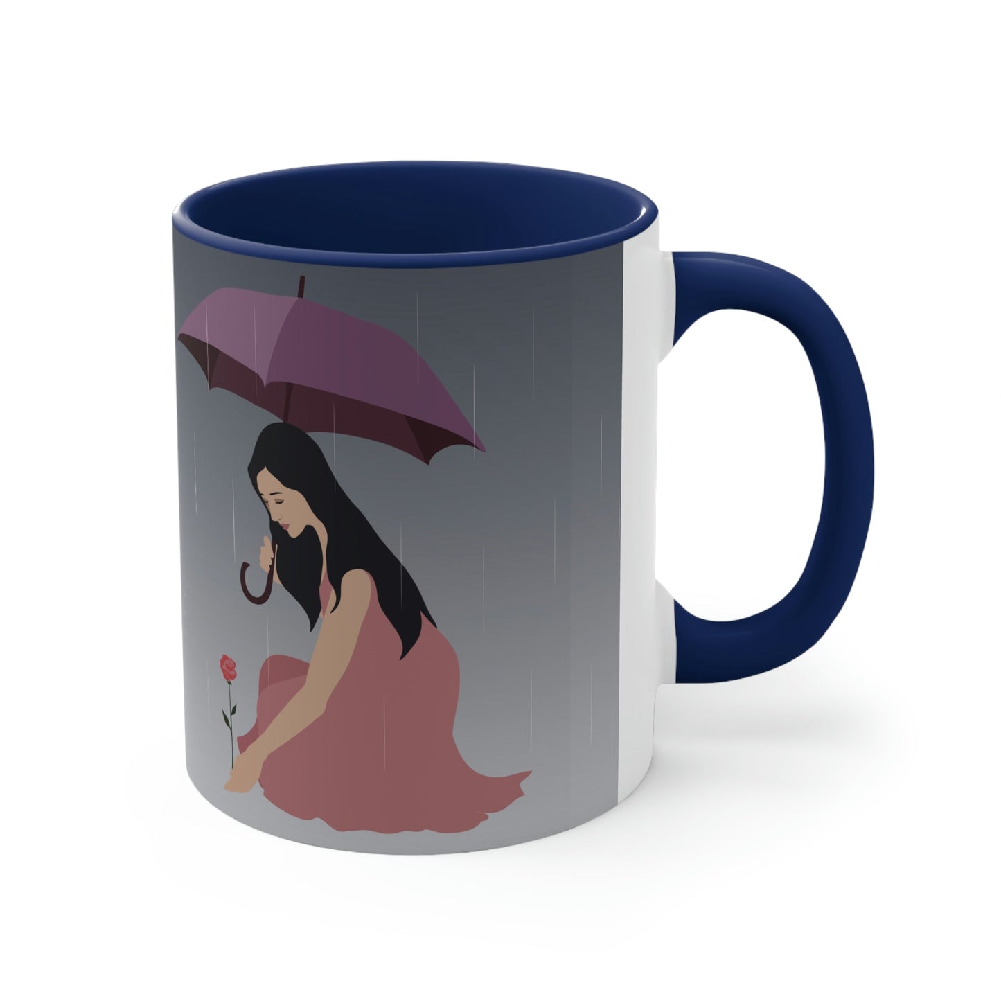 Woman with Umbrella Cartoon Art Walking in the Rain Classic Accent Coffee Mug 11oz Ichaku [Perfect Gifts Selection]