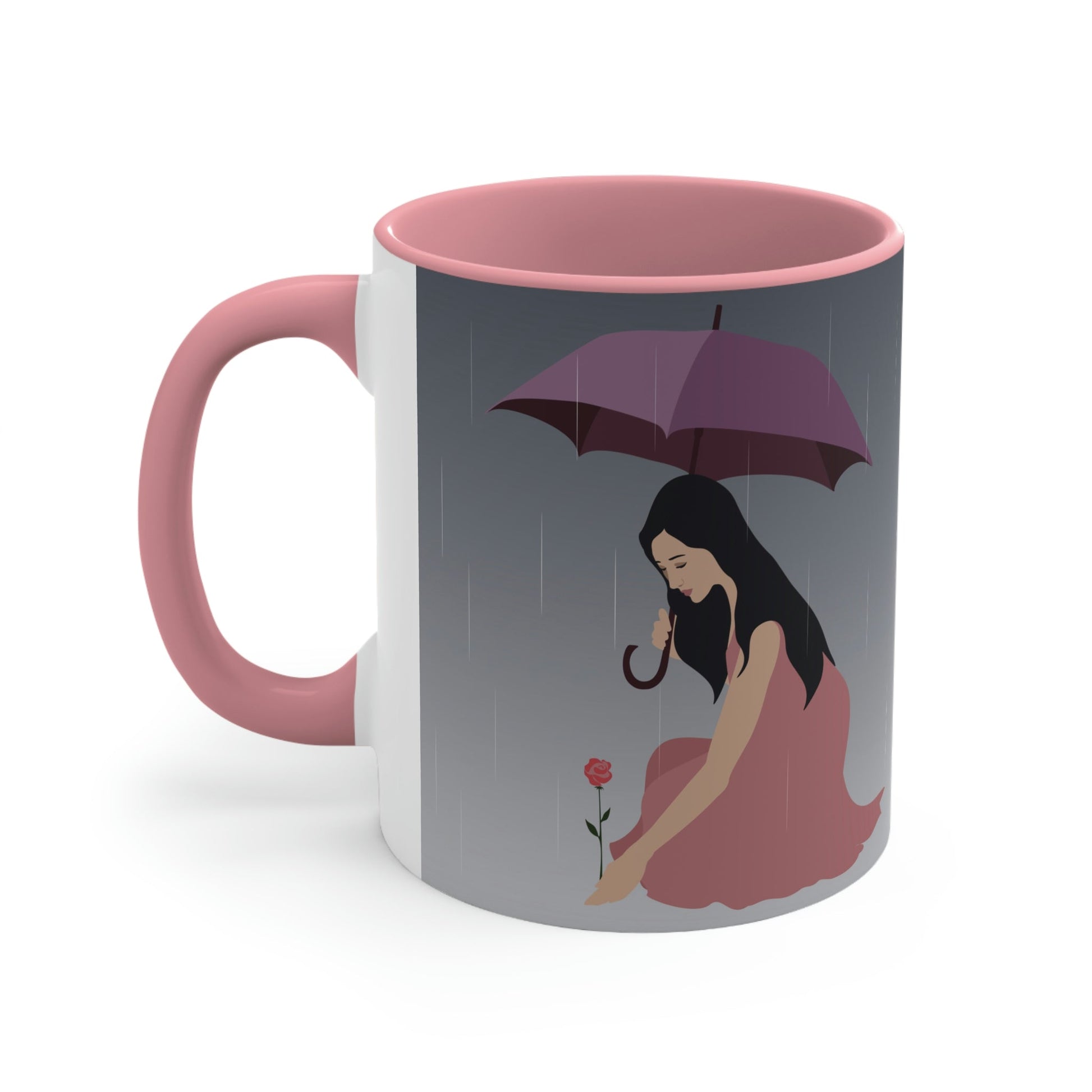 Woman with Umbrella Cartoon Art Walking in the Rain Classic Accent Coffee Mug 11oz Ichaku [Perfect Gifts Selection]