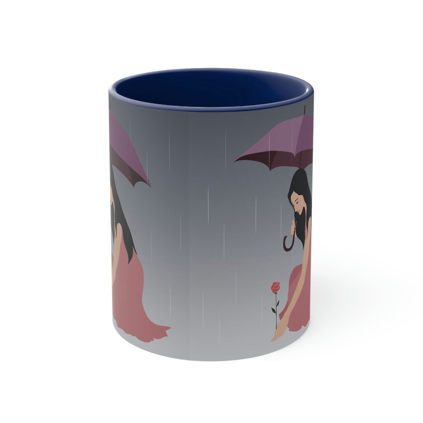 Woman with Umbrella Cartoon Art Walking in the Rain Classic Accent Coffee Mug 11oz Ichaku [Perfect Gifts Selection]