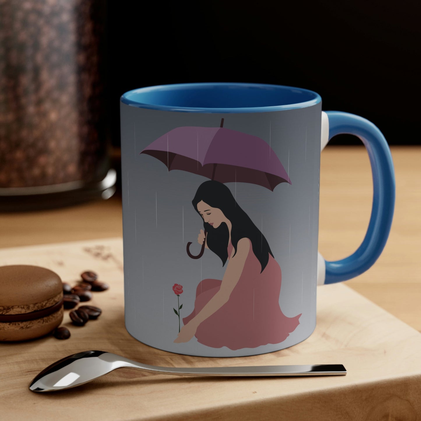 Woman with Umbrella Cartoon Art Walking in the Rain Classic Accent Coffee Mug 11oz Ichaku [Perfect Gifts Selection]