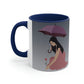 Woman with Umbrella Cartoon Art Walking in the Rain Classic Accent Coffee Mug 11oz Ichaku [Perfect Gifts Selection]