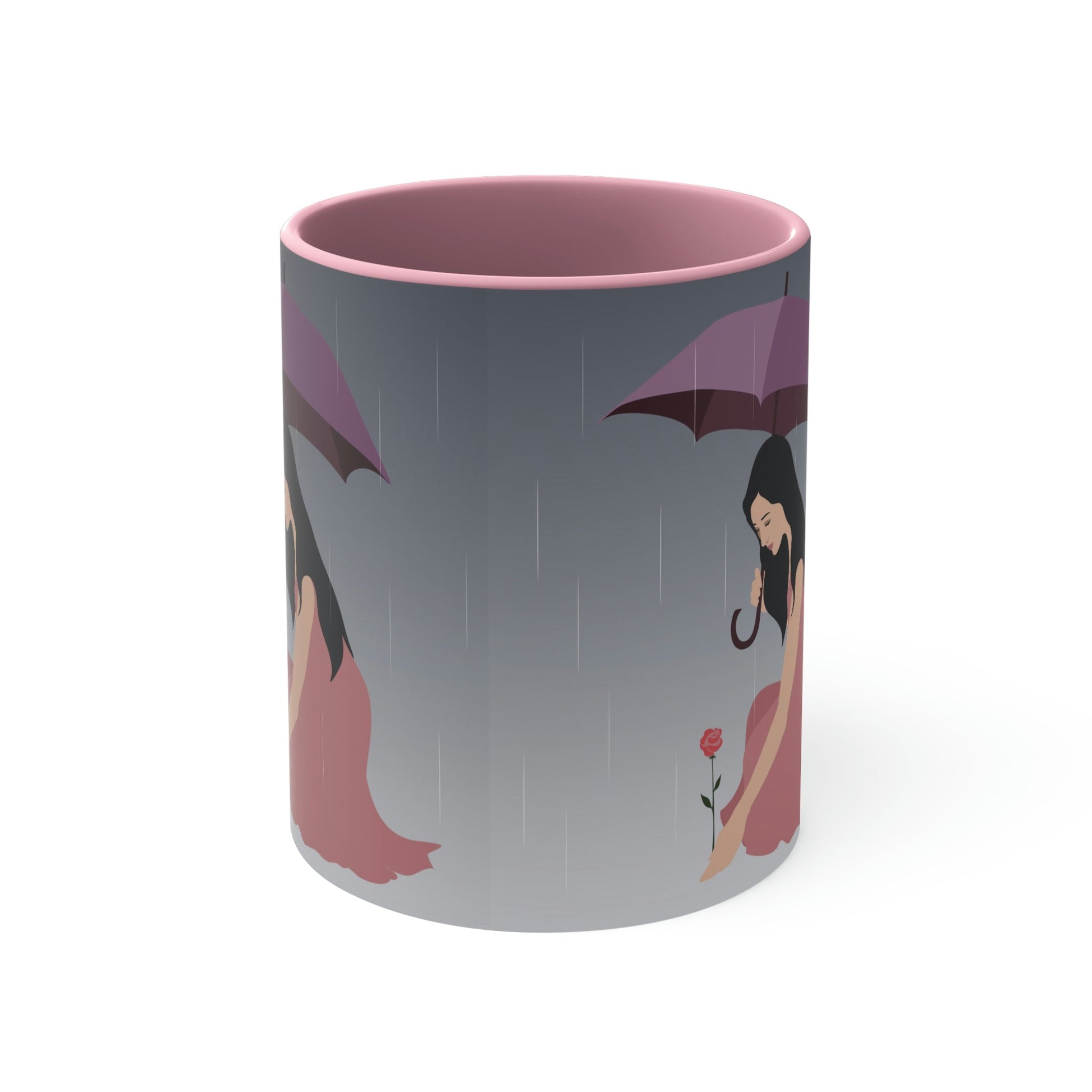 Woman with Umbrella Cartoon Art Walking in the Rain Classic Accent Coffee Mug 11oz Ichaku [Perfect Gifts Selection]