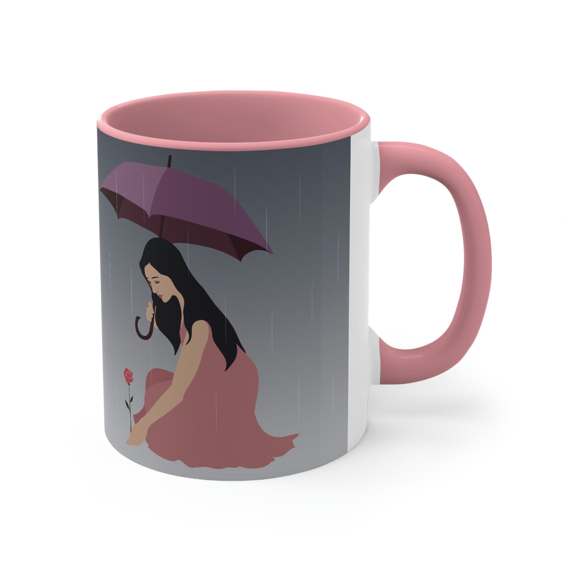 Woman with Umbrella Cartoon Art Walking in the Rain Classic Accent Coffee Mug 11oz Ichaku [Perfect Gifts Selection]