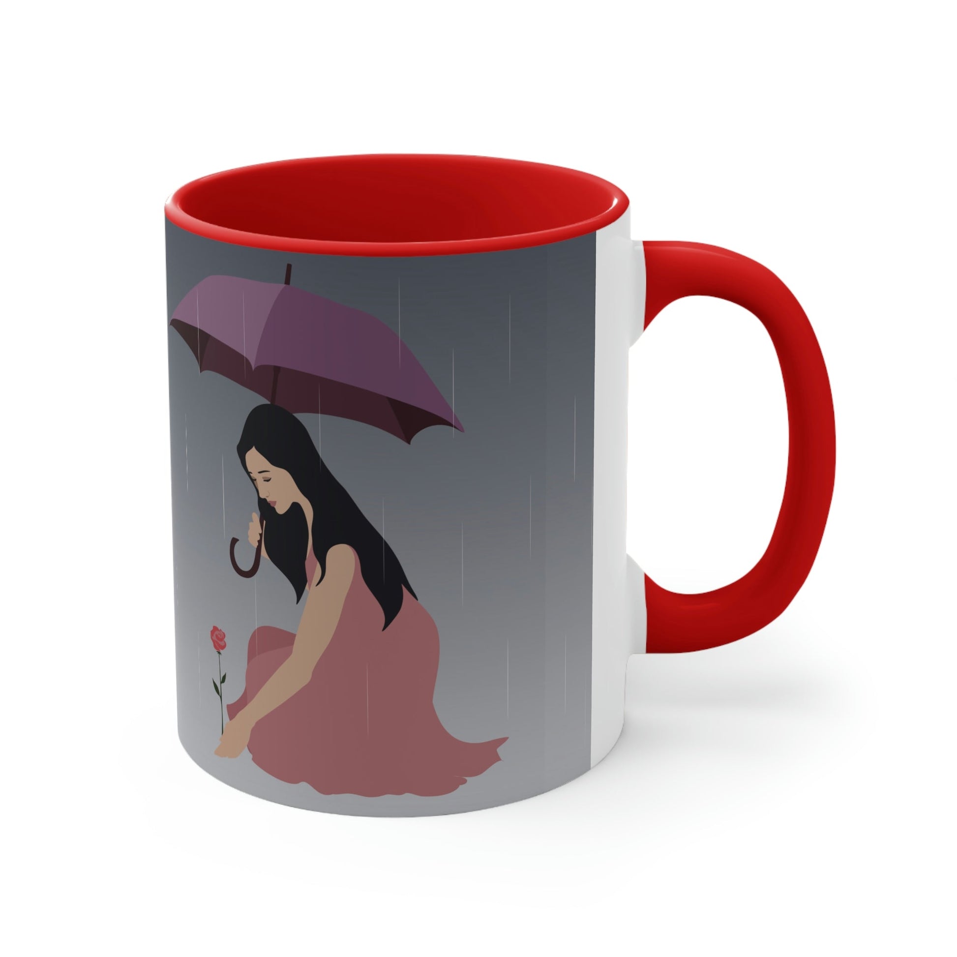 Woman with Umbrella Cartoon Art Walking in the Rain Classic Accent Coffee Mug 11oz Ichaku [Perfect Gifts Selection]