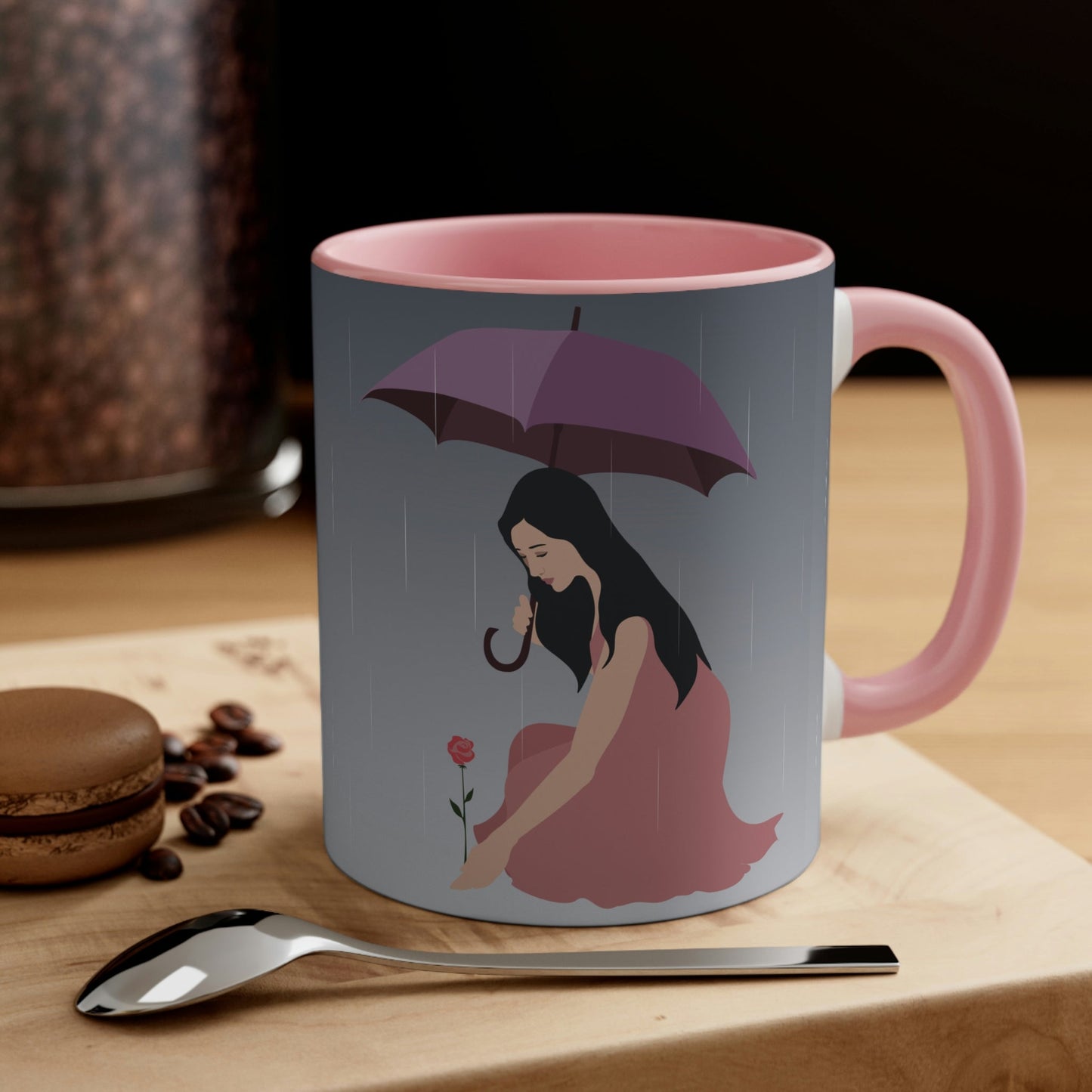 Woman with Umbrella Cartoon Art Walking in the Rain Classic Accent Coffee Mug 11oz Ichaku [Perfect Gifts Selection]