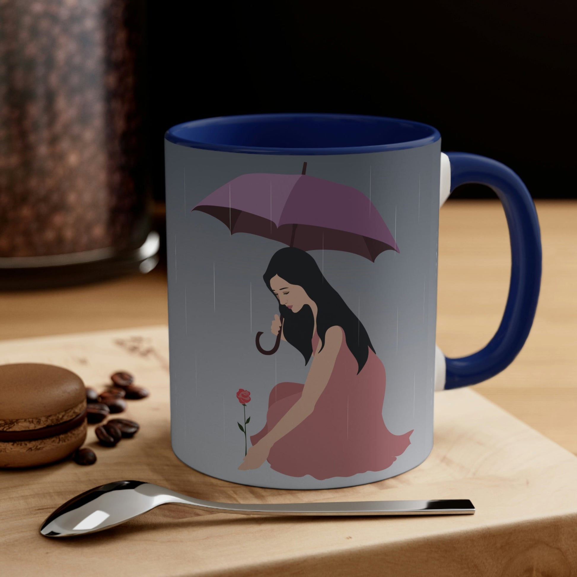 Woman with Umbrella Cartoon Art Walking in the Rain Classic Accent Coffee Mug 11oz Ichaku [Perfect Gifts Selection]