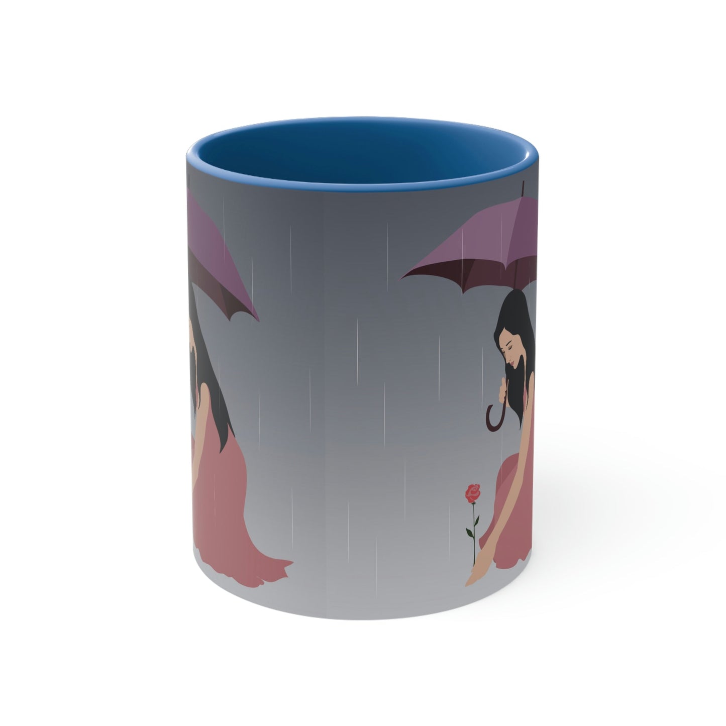 Woman with Umbrella Cartoon Art Walking in the Rain Classic Accent Coffee Mug 11oz Ichaku [Perfect Gifts Selection]