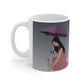 Woman with Umbrella Cartoon Art Walking in the Rain Edgy Graphic Ceramic Mug 11oz Ichaku [Perfect Gifts Selection]