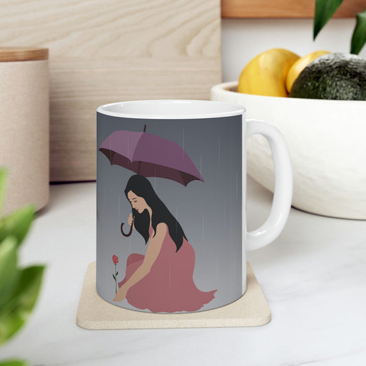 Woman with Umbrella Cartoon Art Walking in the Rain Edgy Graphic Ceramic Mug 11oz Ichaku [Perfect Gifts Selection]