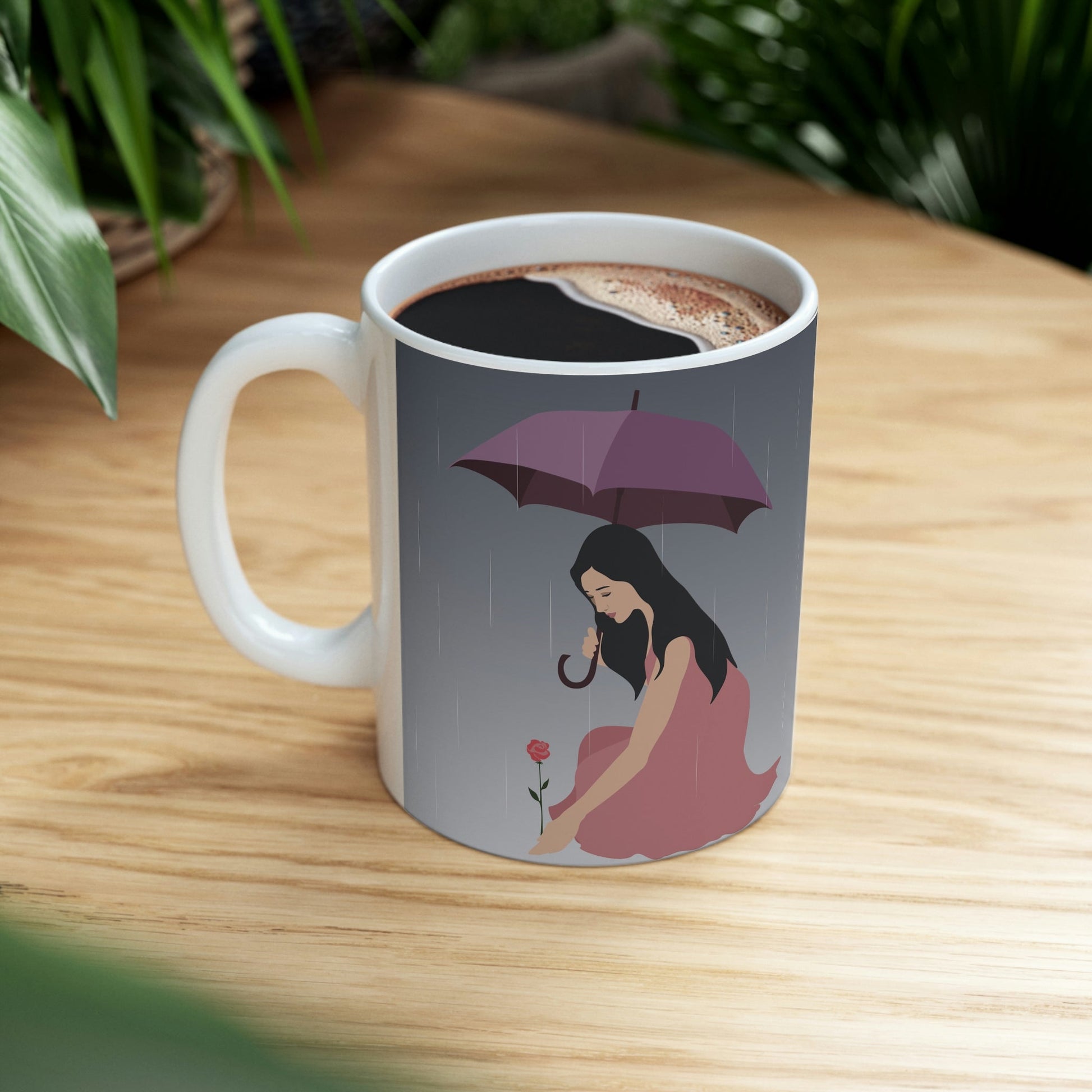 Woman with Umbrella Cartoon Art Walking in the Rain Edgy Graphic Ceramic Mug 11oz Ichaku [Perfect Gifts Selection]