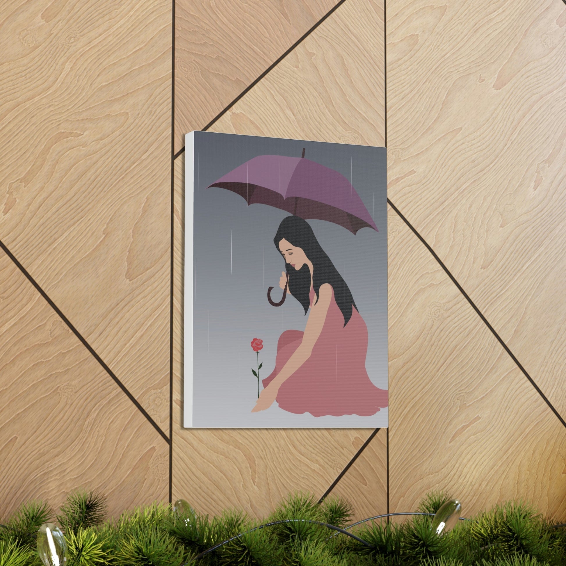 Woman with Umbrella Cartoon Art Walking in the Rain Graphic Aesthetic Classic Art Canvas Gallery Wraps Ichaku [Perfect Gifts Selection]