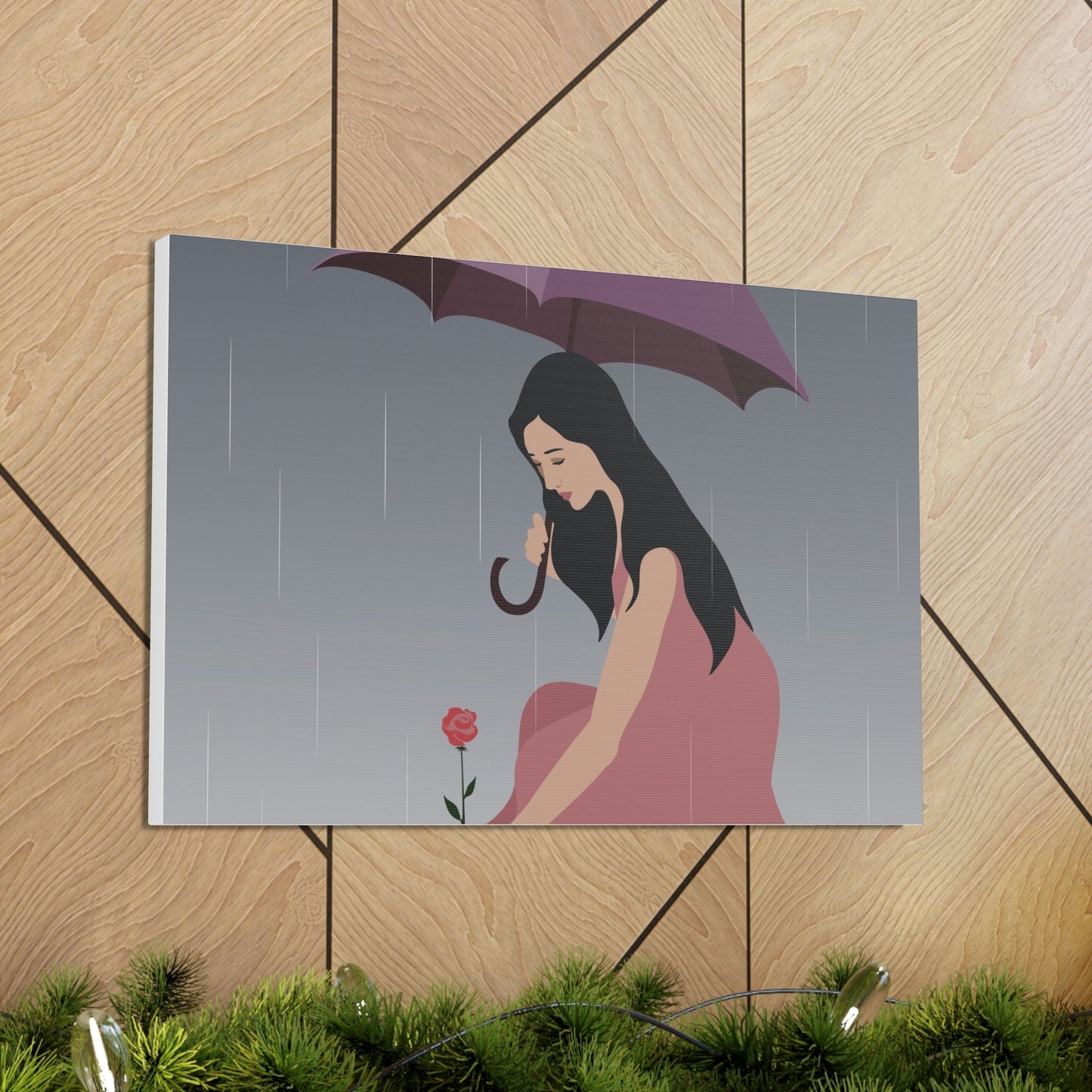 Woman with Umbrella Cartoon Art Walking in the Rain Graphic Aesthetic Classic Art Canvas Gallery Wraps Ichaku [Perfect Gifts Selection]